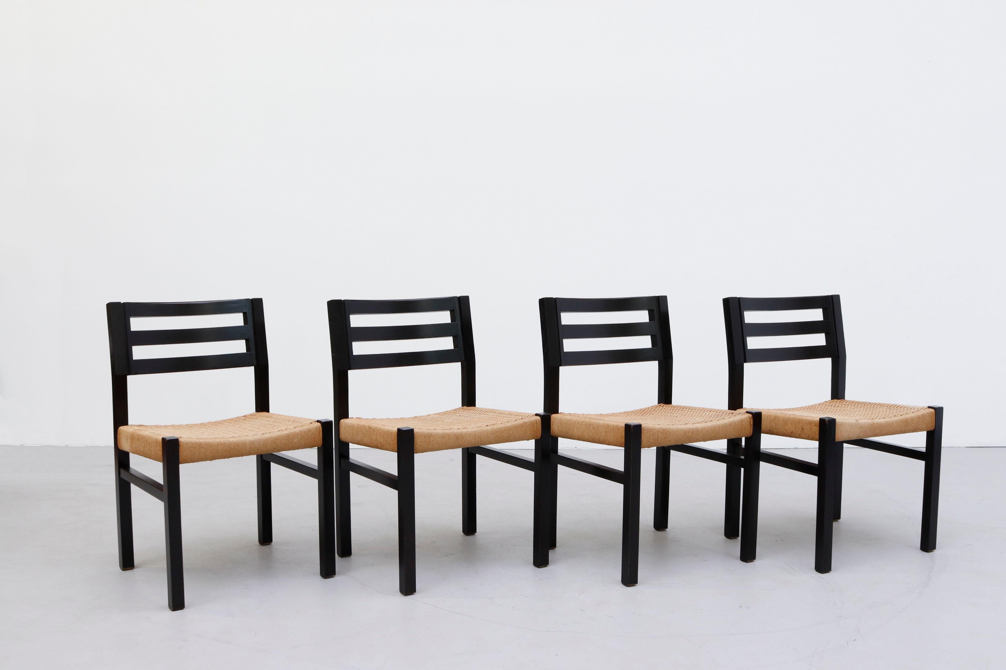 Set of 4 Niels Moller Black Stained Paper Cord Dining Chairs In Good Condition In Los Angeles, CA