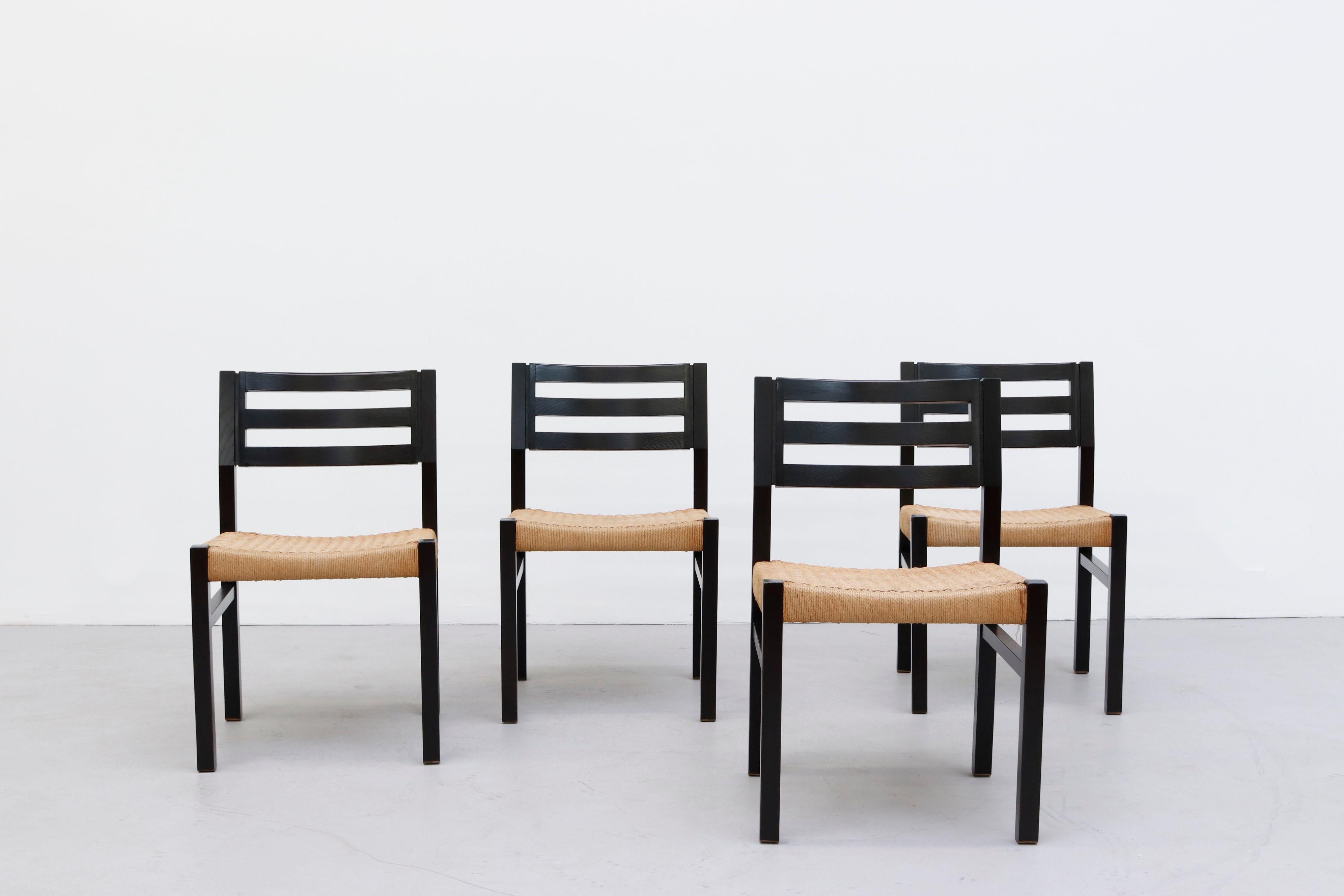 Set of 4 Niels Moller Black Stained Paper Cord Dining Chairs 1
