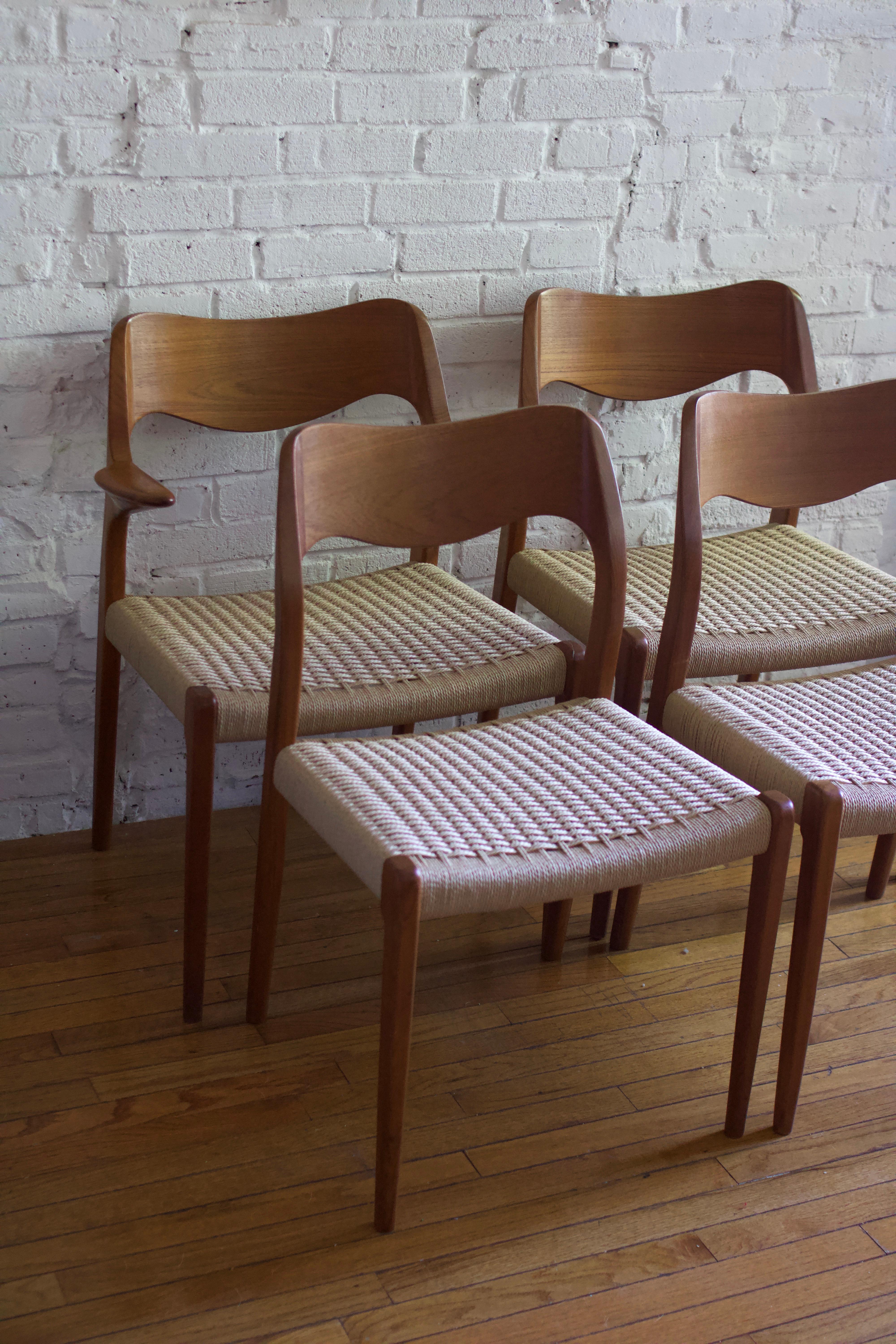 Woven Set of 4 Niels Moller Model 55 and Model 71 Teak & Danish Cord Dining Chairs