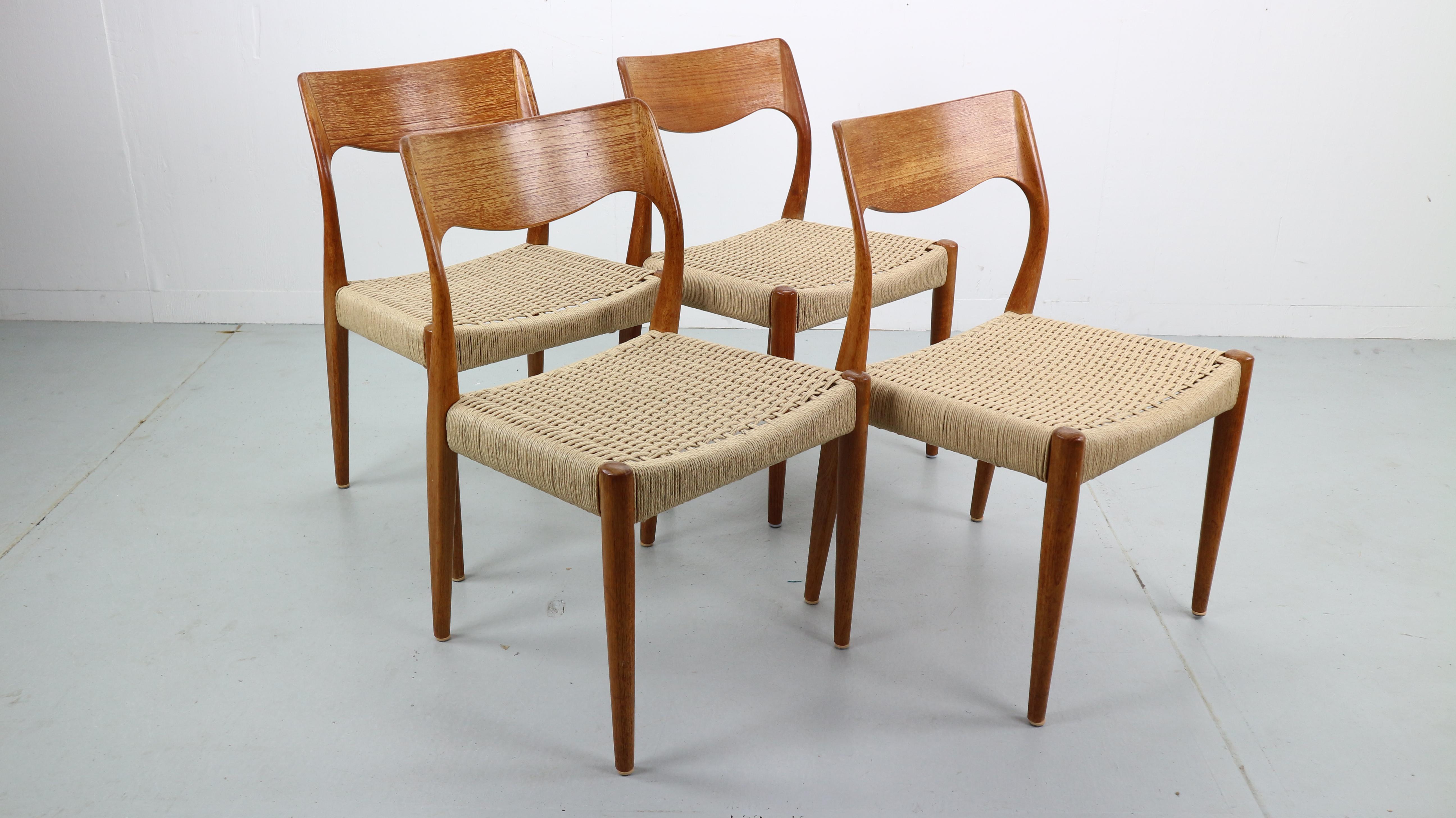 Set of 4 teak Danish Mid-Century Modern dining chairs by Niels Møller for J.L. Moller. One of the most organic designs you'll ever see.
Model number- 71.
Perfectly executed joinery connects the solid teak backrest to the rear legs and creates an