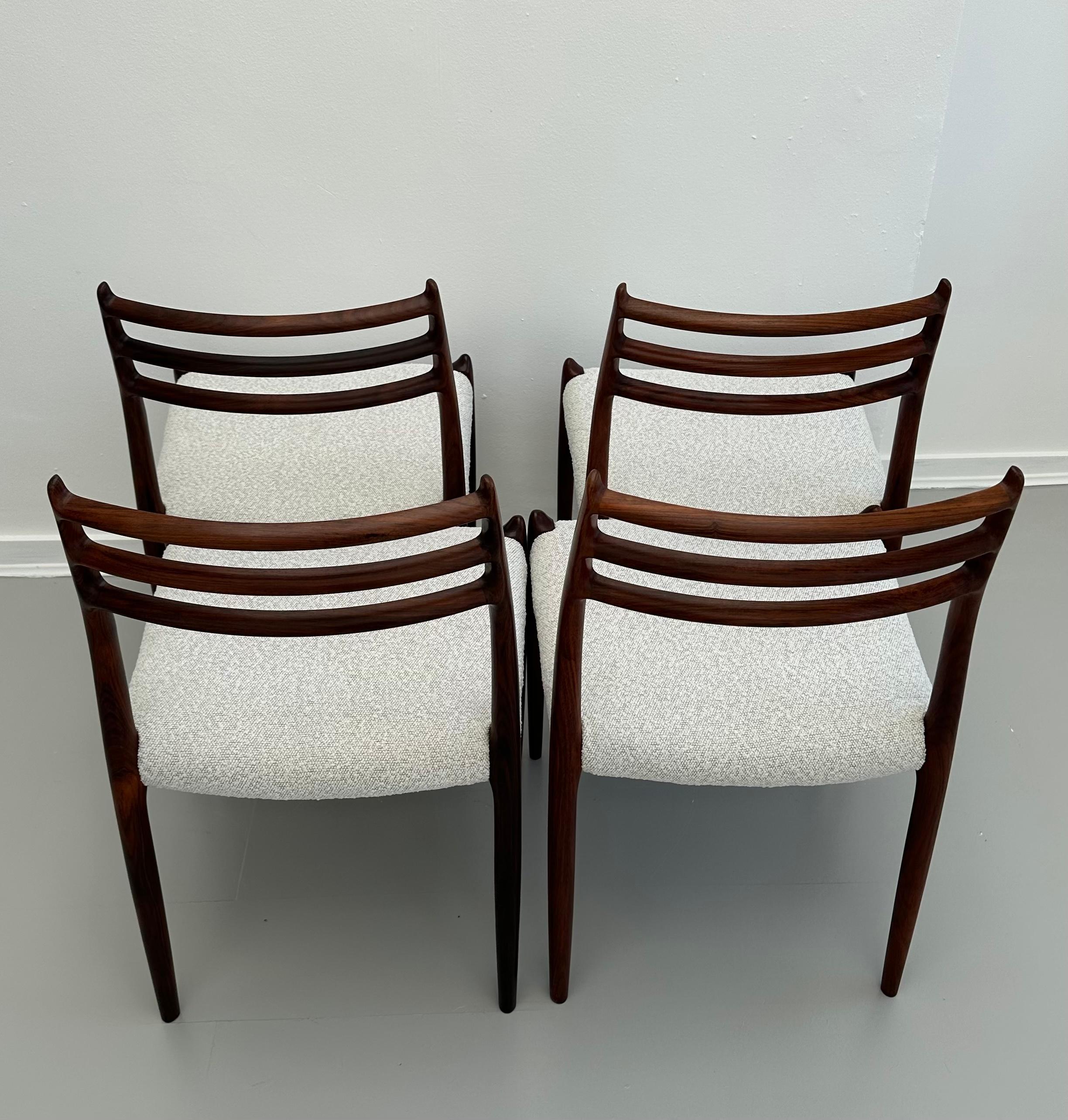 Polished Set of 4 Niels O. Møller Model 78 Rosewood Dining Chairs for J. L. Møllers