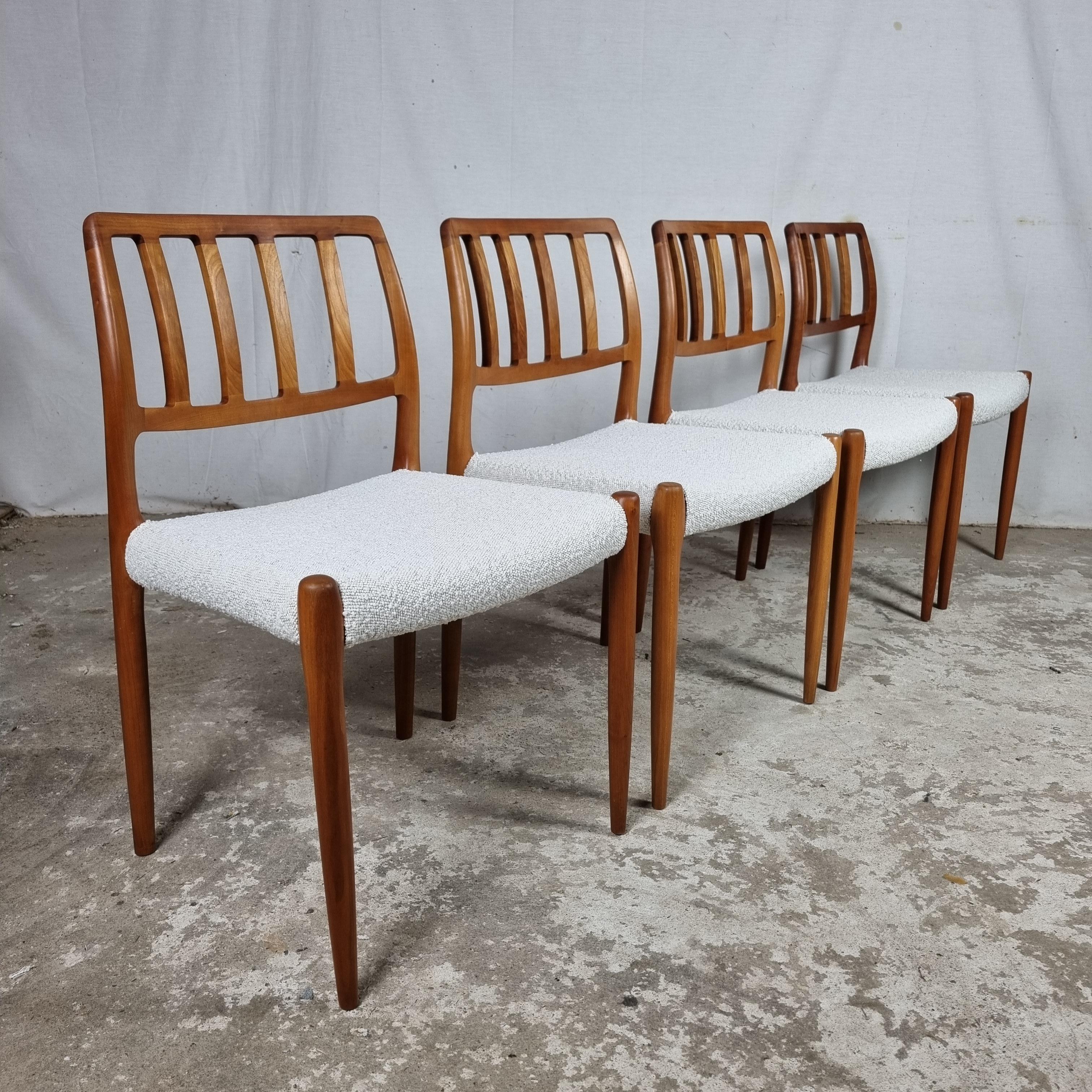 High quality Danish design from the 1970s. A creation by Niels Otto Møller, for his J.L. Møller Factory in Hojbjerg, Denmark🇩🇰.

This particular model No. 83 was designed in 1974. 

Made of solid teak wood.

The chairs have been fully restored and