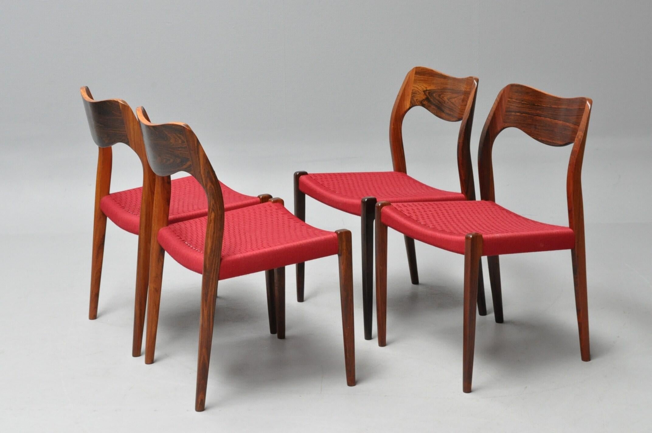 Scandinavian Modern Set of 4 Niels Otto Moller 1951 Dining Chairs in Original Red Cord For Sale