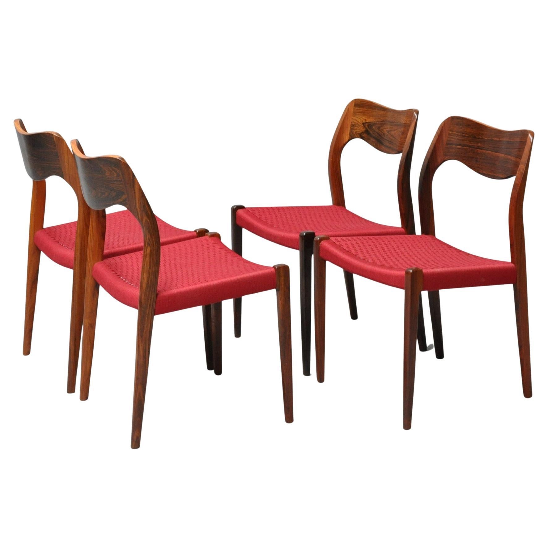 Ensemble de 4 chaises de salle à manger Niels Otto Moller 1951 en cordon rouge d'origine