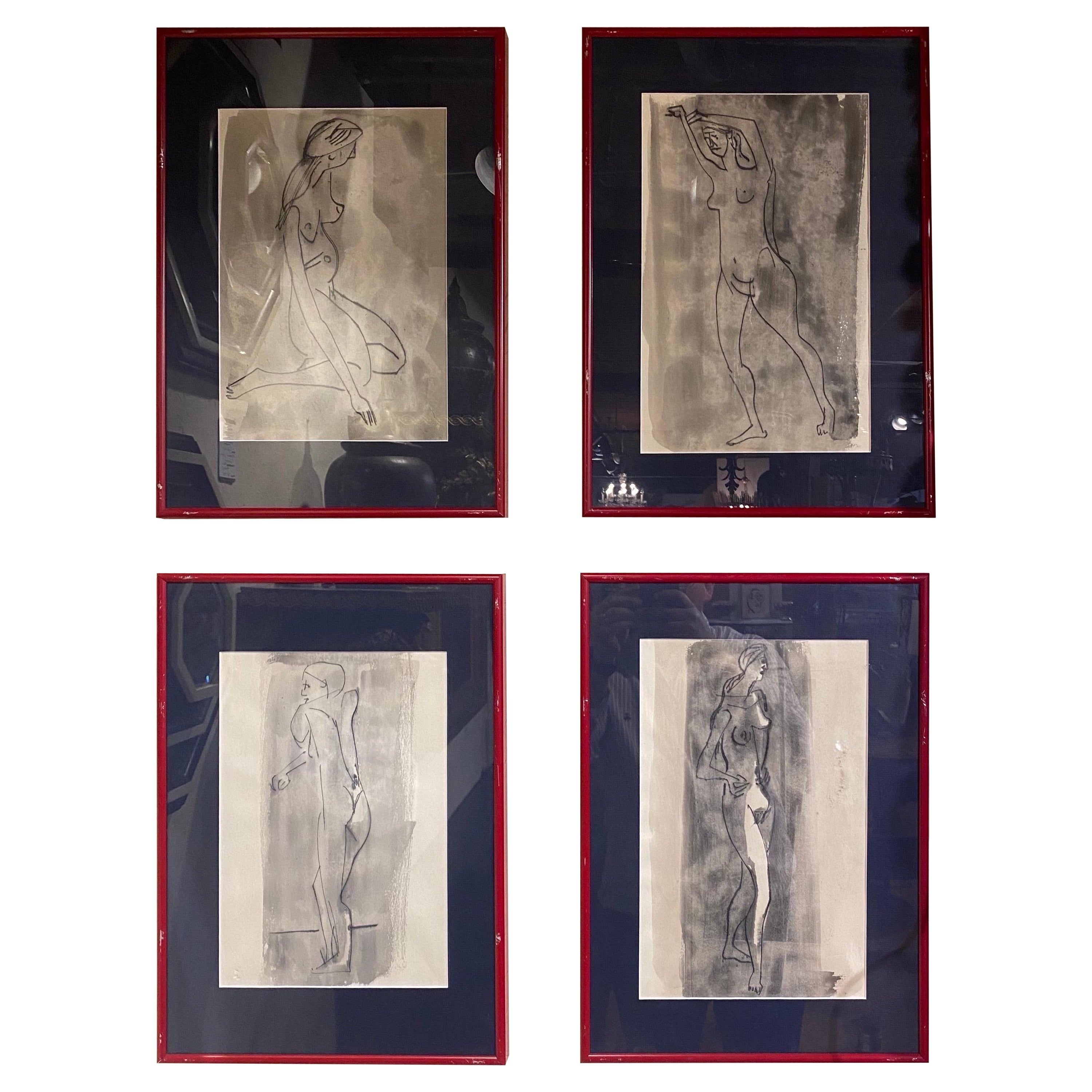Set di 4 disegni di nudo