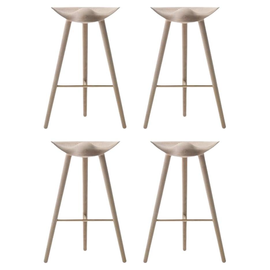 Set of 4 ML 42 Oak and Brass Bar Stools by Lassen For Sale