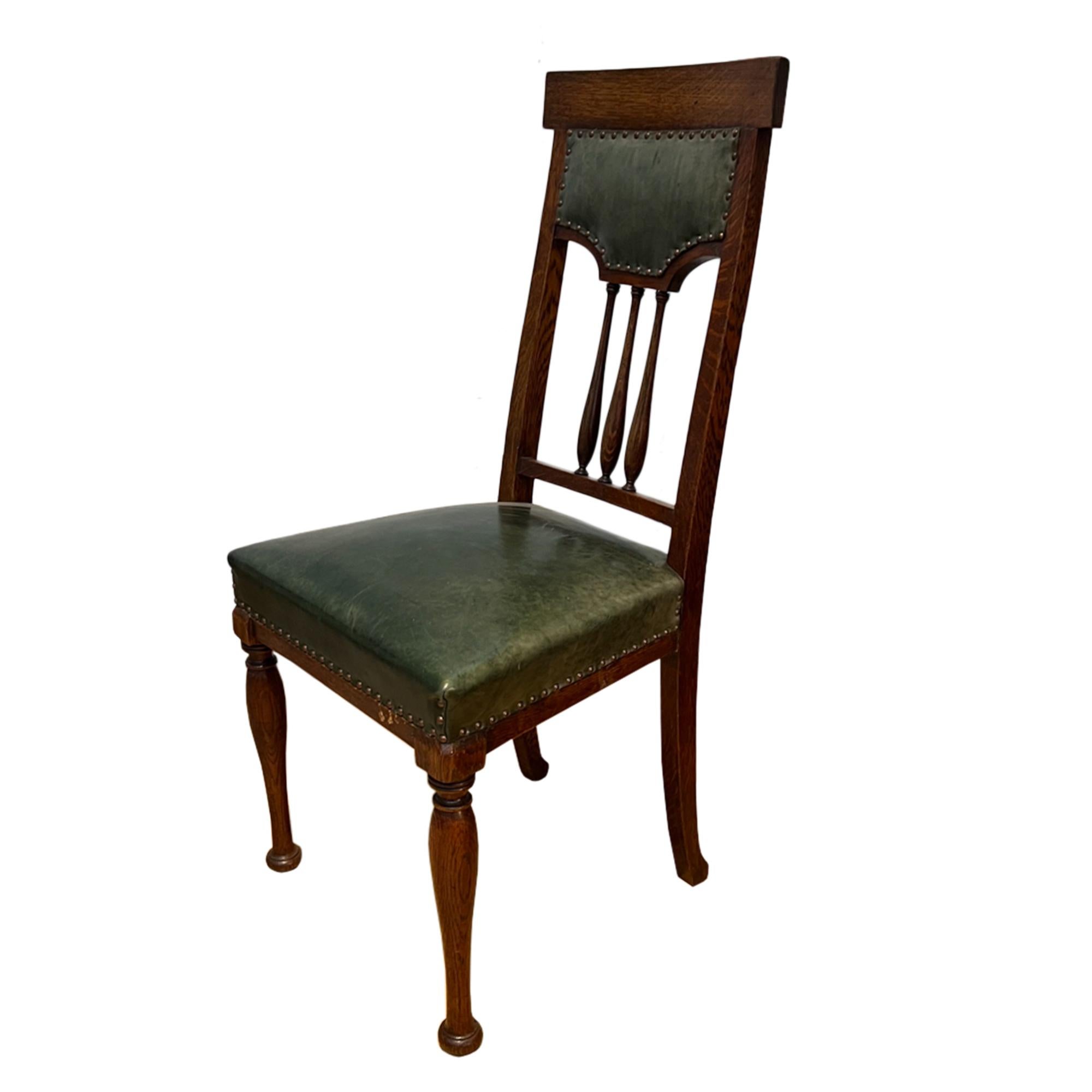 Edwardian Set of 4 Oak and Leather Dining Chairs For Sale