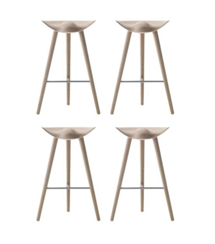 Set Of 4 Oak and Stainless Steel Bar Stools by Lassen
Dimensions: H 77 x W 36 x L 55.5 cm
Materials: Oak, Stainless Steel

In 1942 Mogens Lassen designed the Stool ML42 as a piece for a furniture exhibition held at the Danish Museum of