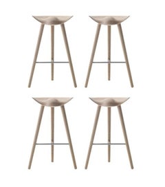 Set of 4 ML 42 Oak and Stainless Steel Bar Stools by Lassen
