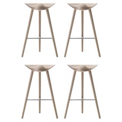 Set Of 4 Oak and Stainless Steel Bar Stools by Lassen