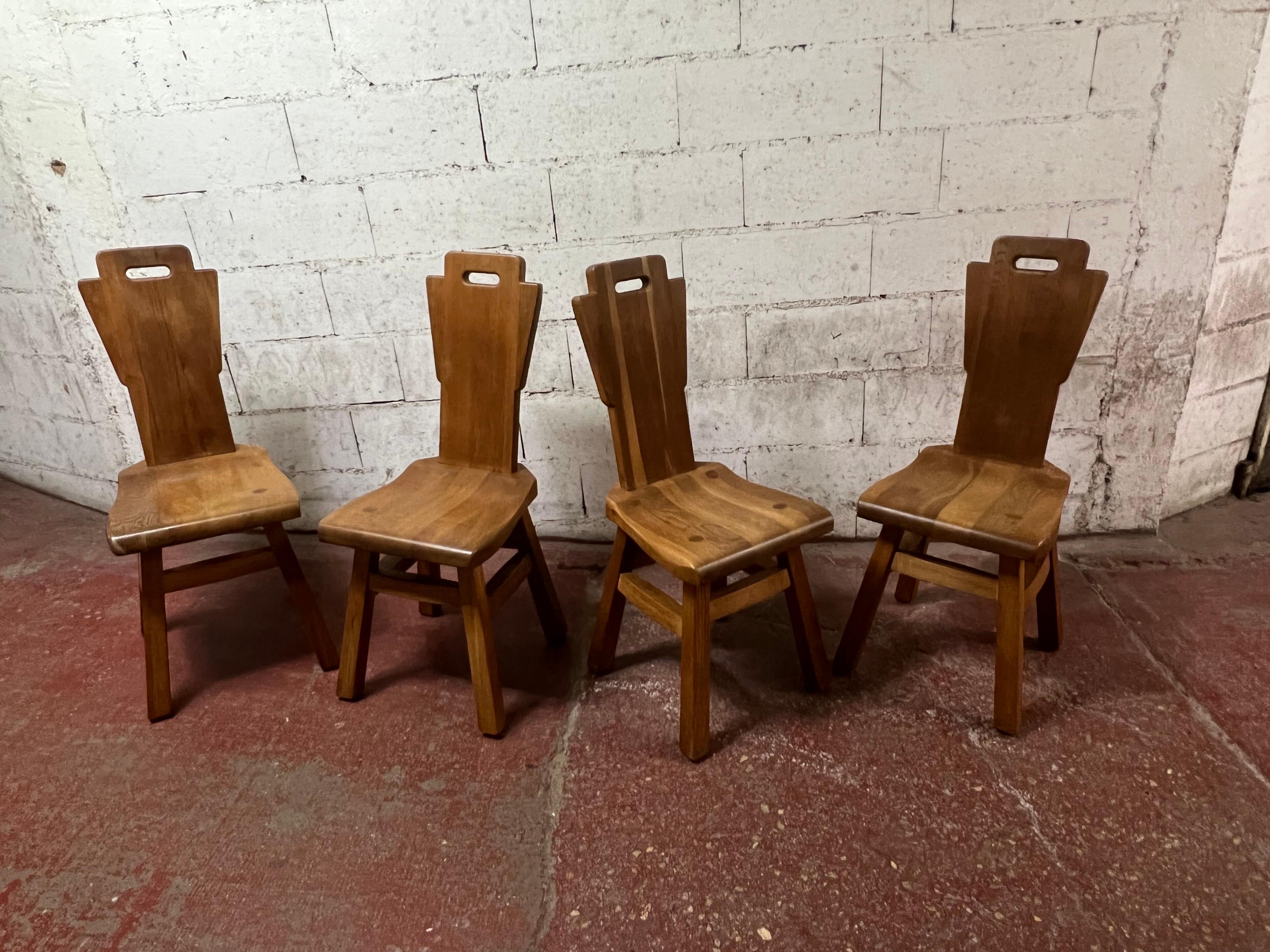 Belgian Set of 4 Oak Brutalist Chairs For Sale