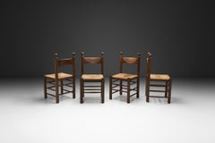 Ensemble de 4 chaises de salle à manger en Oak avec sièges en jonc, France 1960s