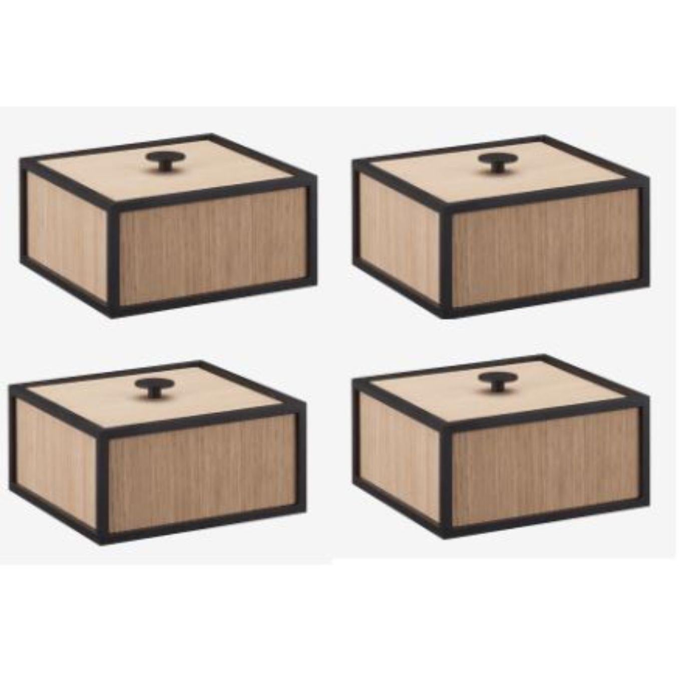 Set of 4 oak frame 14 box by Lassen
Dimensions: d 10 x w 10 x h 7 cm 
Materials: Finér, Melamin, Melamine, Metal, Veneer
Weight: 1.10 Kg

Frame Box is a square box in a cubistic shape. The simple boxes are inspired by the Kubus candleholder by