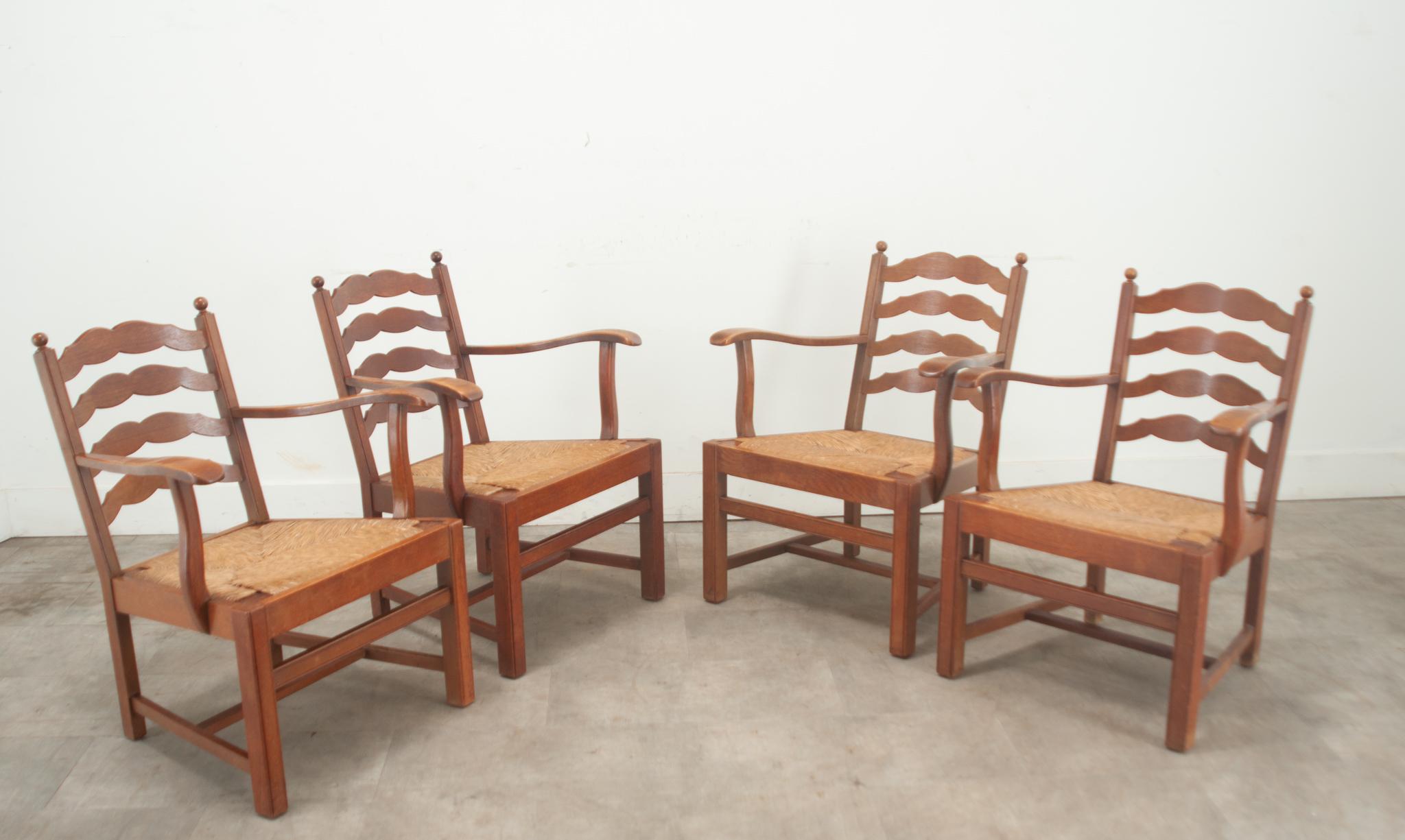 Set of 4 Oak & Rush Seat Lounge Chairs 3
