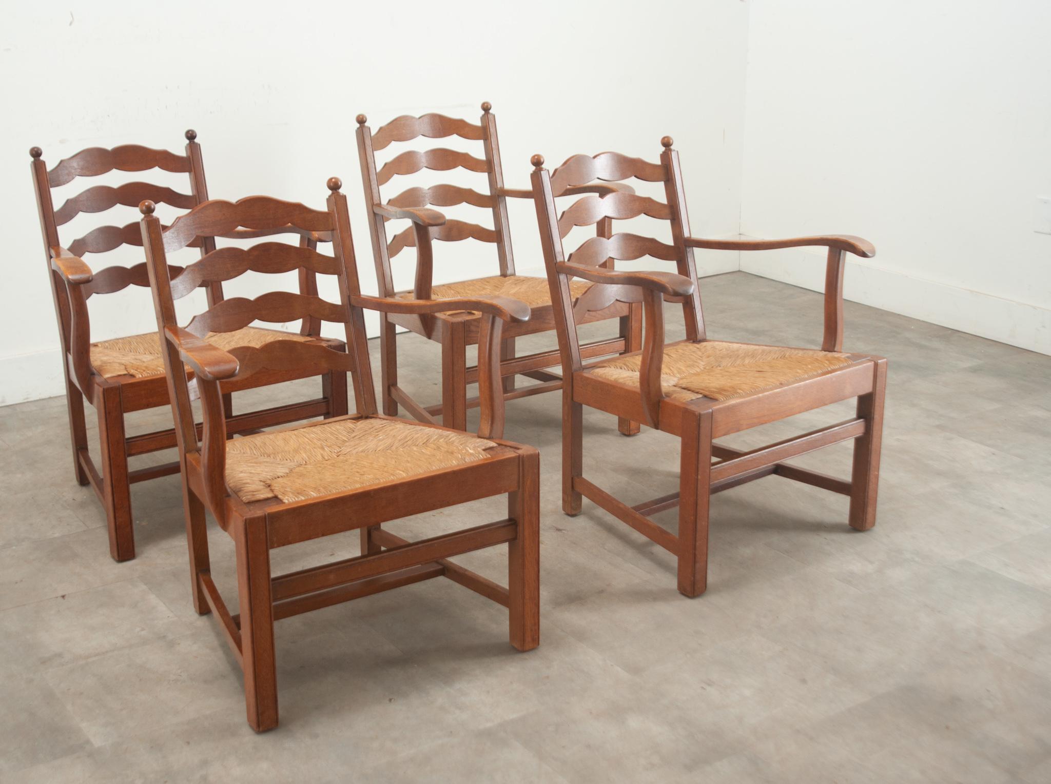 French Set of 4 Oak & Rush Seat Lounge Chairs