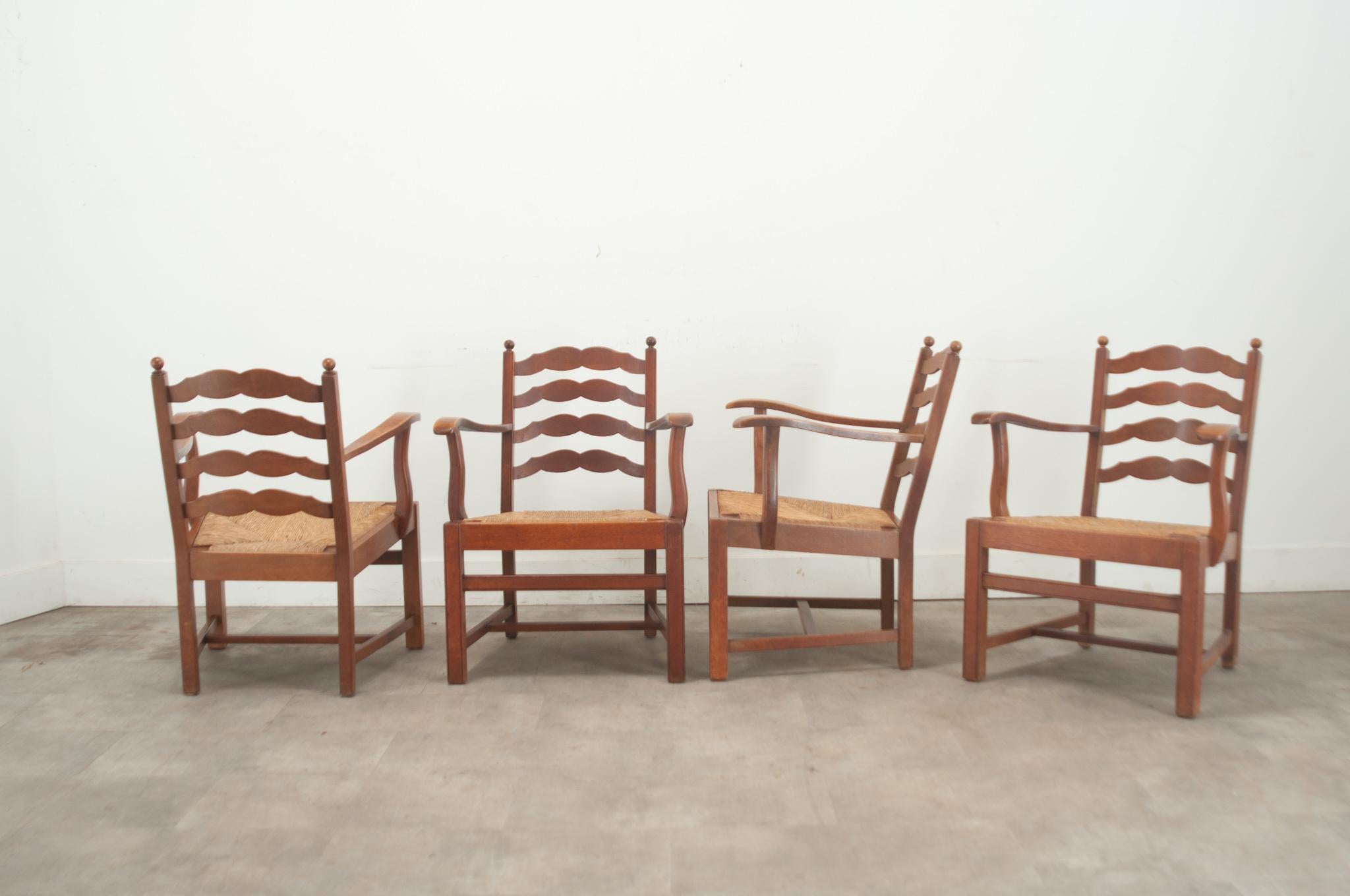 Set of 4 Oak & Rush Seat Lounge Chairs 1