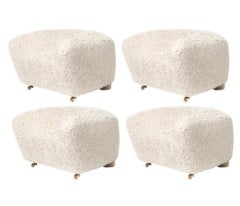 Set of 4 off White Natural Oak Sheepskin the Tired Man Footstools by Lassen