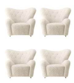 Set of 4 off White Sheepskin the Tired Man Lounge Chair by Lassen