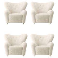 Set of 4 off White Sheepskin the Tired Man Lounge Chair by Lassen