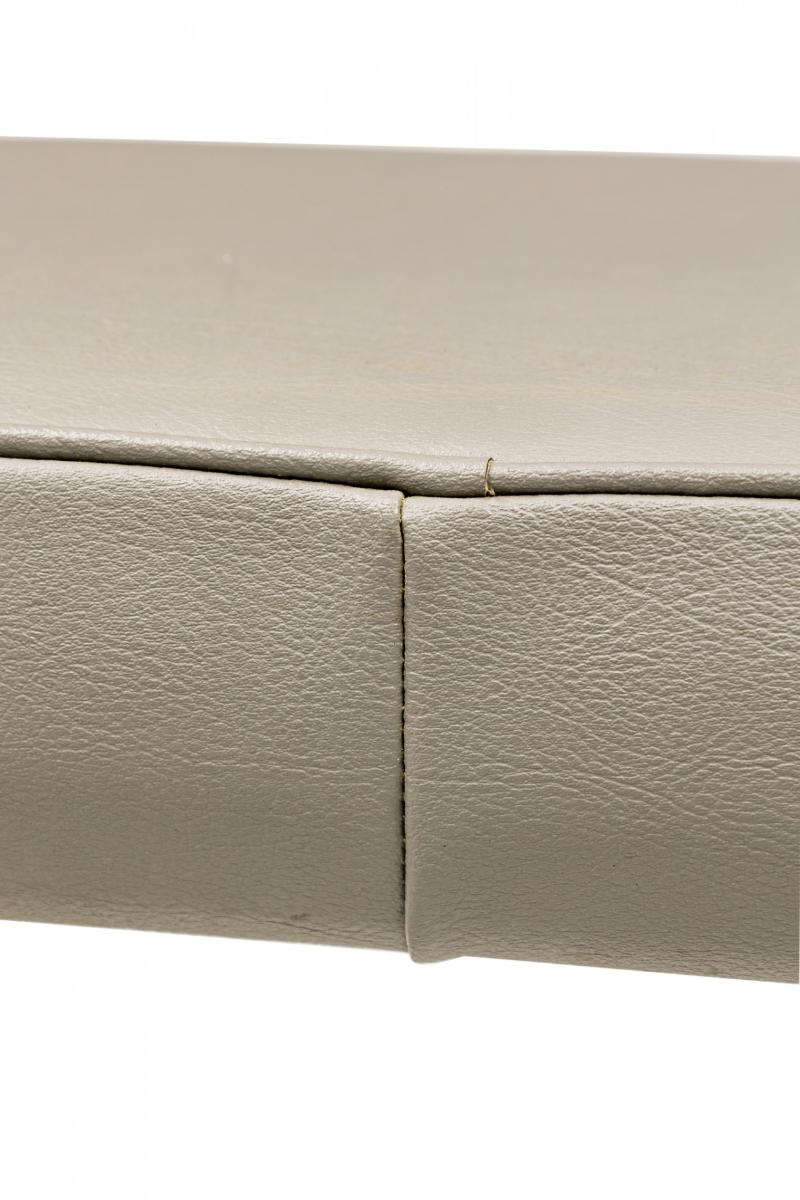 SET of 4 American Mid-Century cantilever design bar stools with a right-angled, satin steel flat bar base supporting a square, gray leather, upholstered top  (PRICED AS SET)

Condition: Good; Wear consistent with age and use
