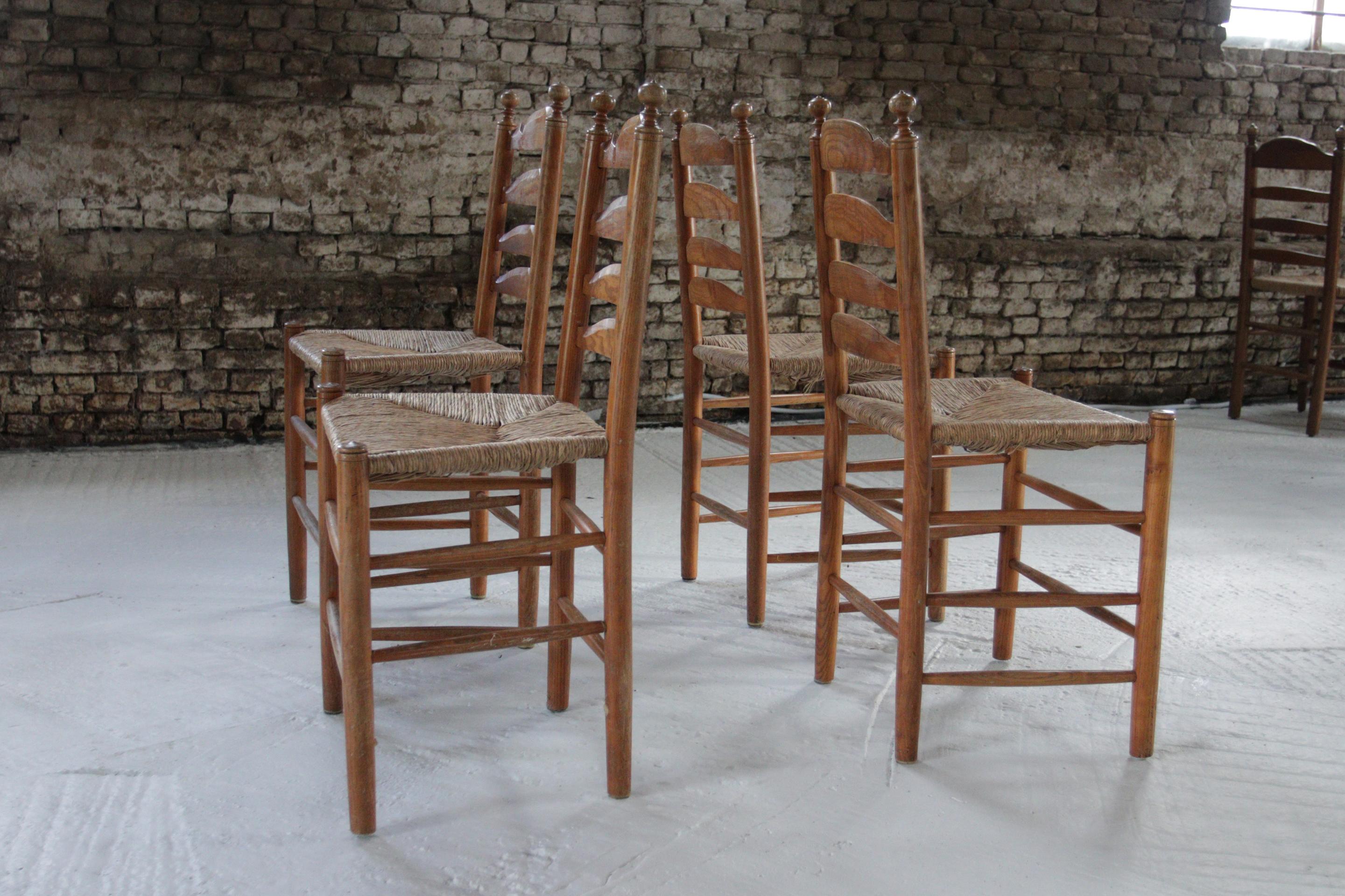 Set of 4 Old Rural Dutch Ladderback chairs 1960's For Sale 10