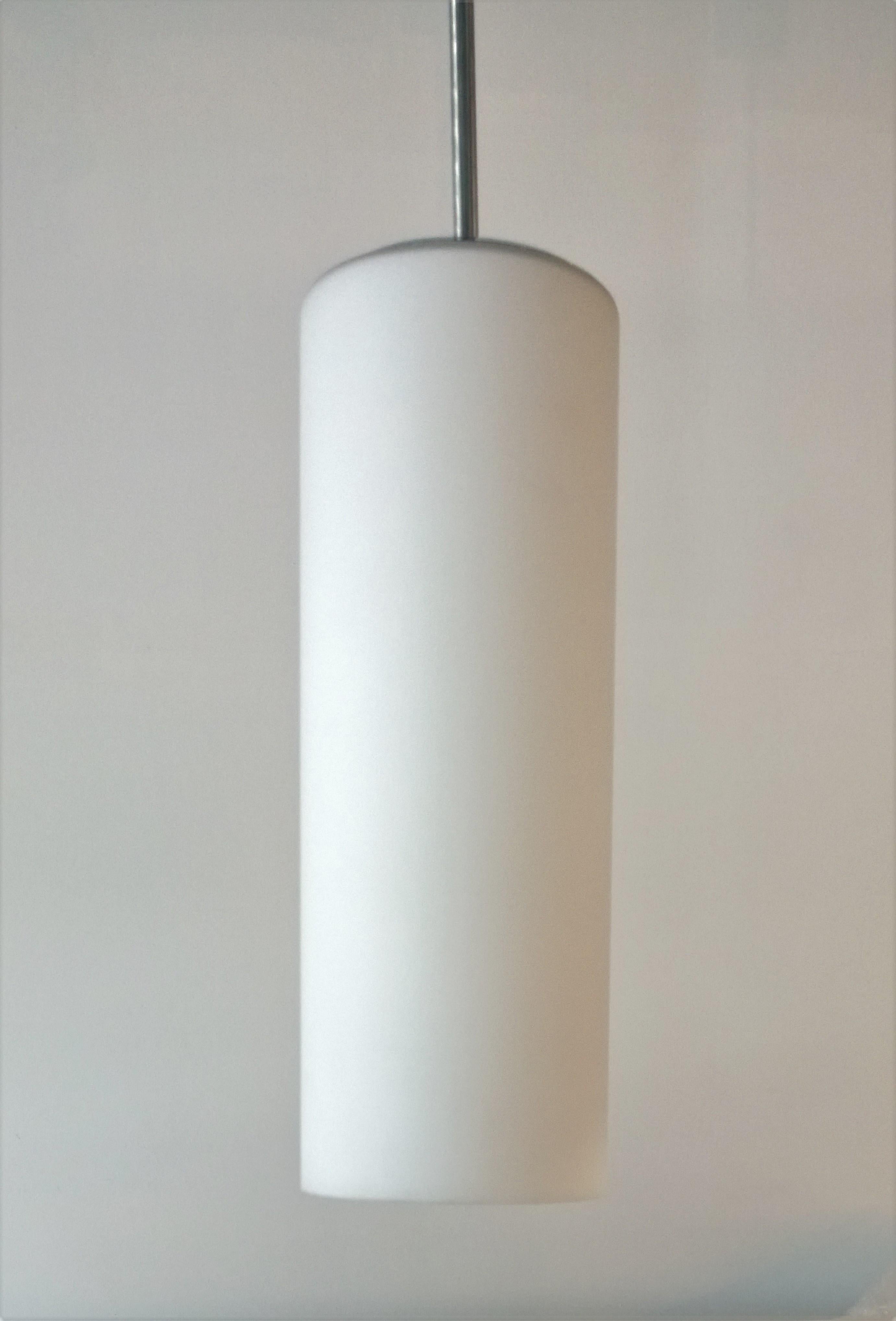Mid-Century Modern Set of 3 Opaline Cylinder Glass on Chrome Rod and Barrel Canopy Light Pendants For Sale