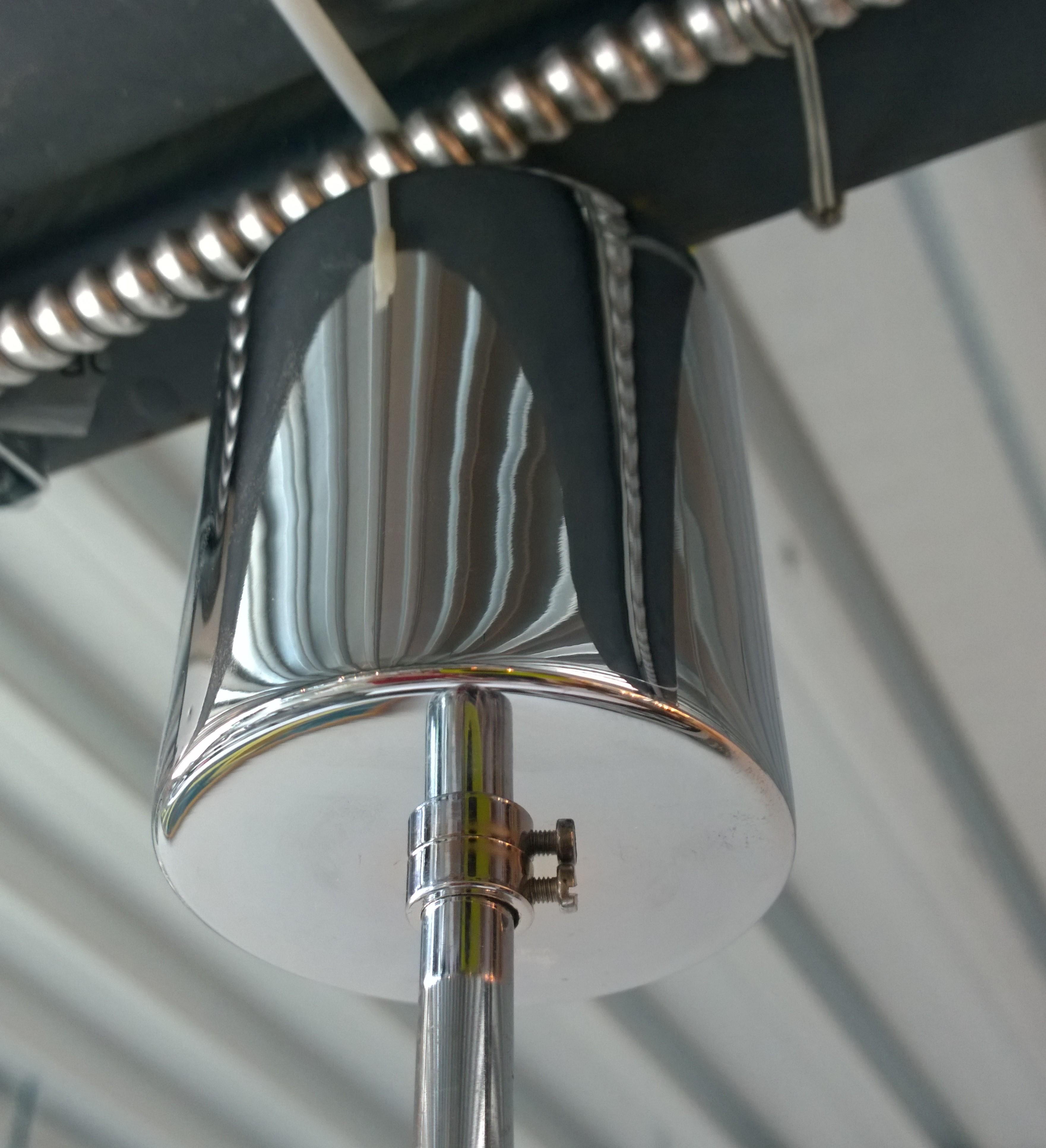 Set of 3 Opaline Cylinder Glass on Chrome Rod and Barrel Canopy Light Pendants In Good Condition For Sale In Houston, TX