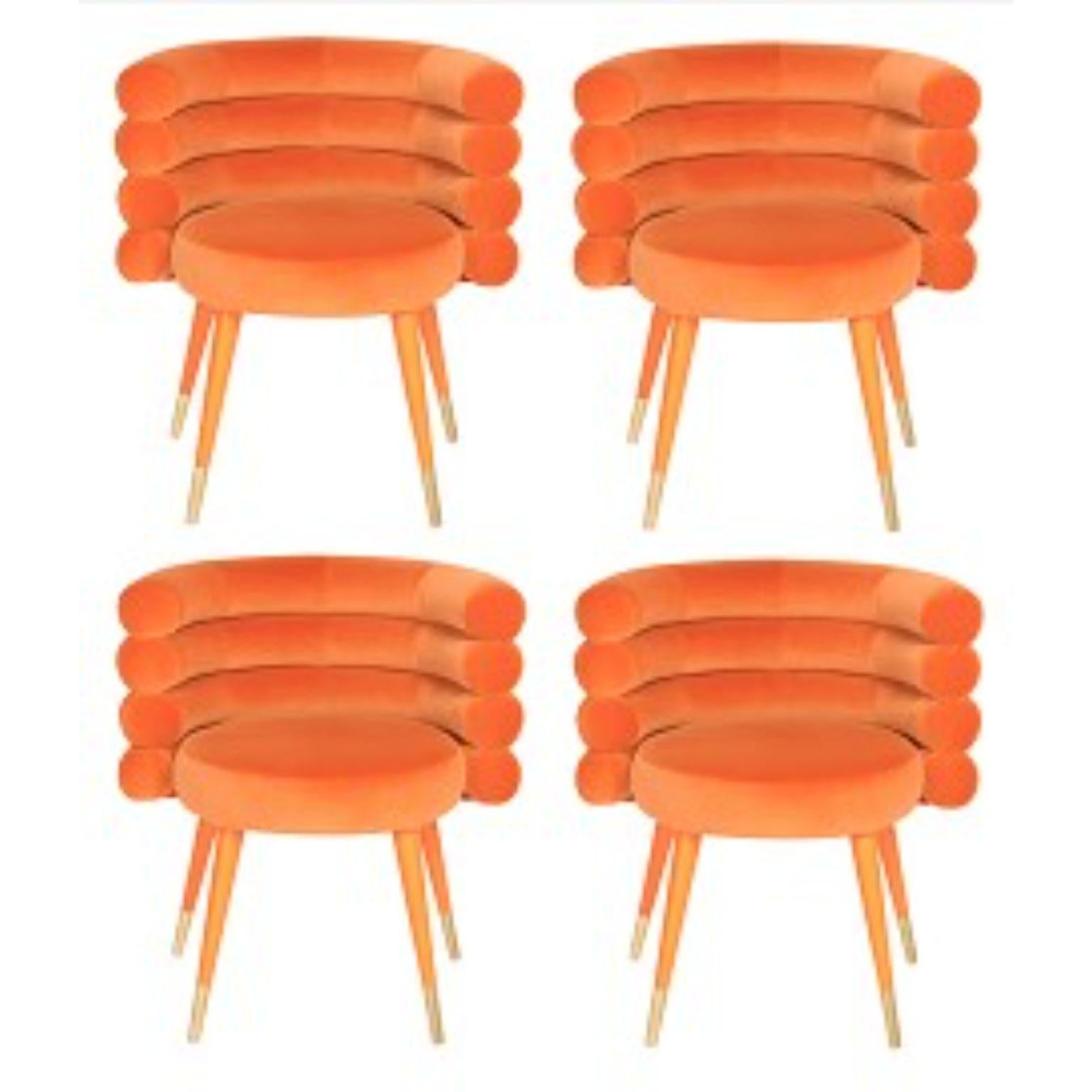 Set of 4 orange Marshmallow dining chairs, Royal Stranger
Dimensions: 78 x 70 x 60 cm
Materials: Velvet upholstery and brass
Available in: Mint green, light pink, royal green and royal red

Royal Stranger is an exclusive furniture brand