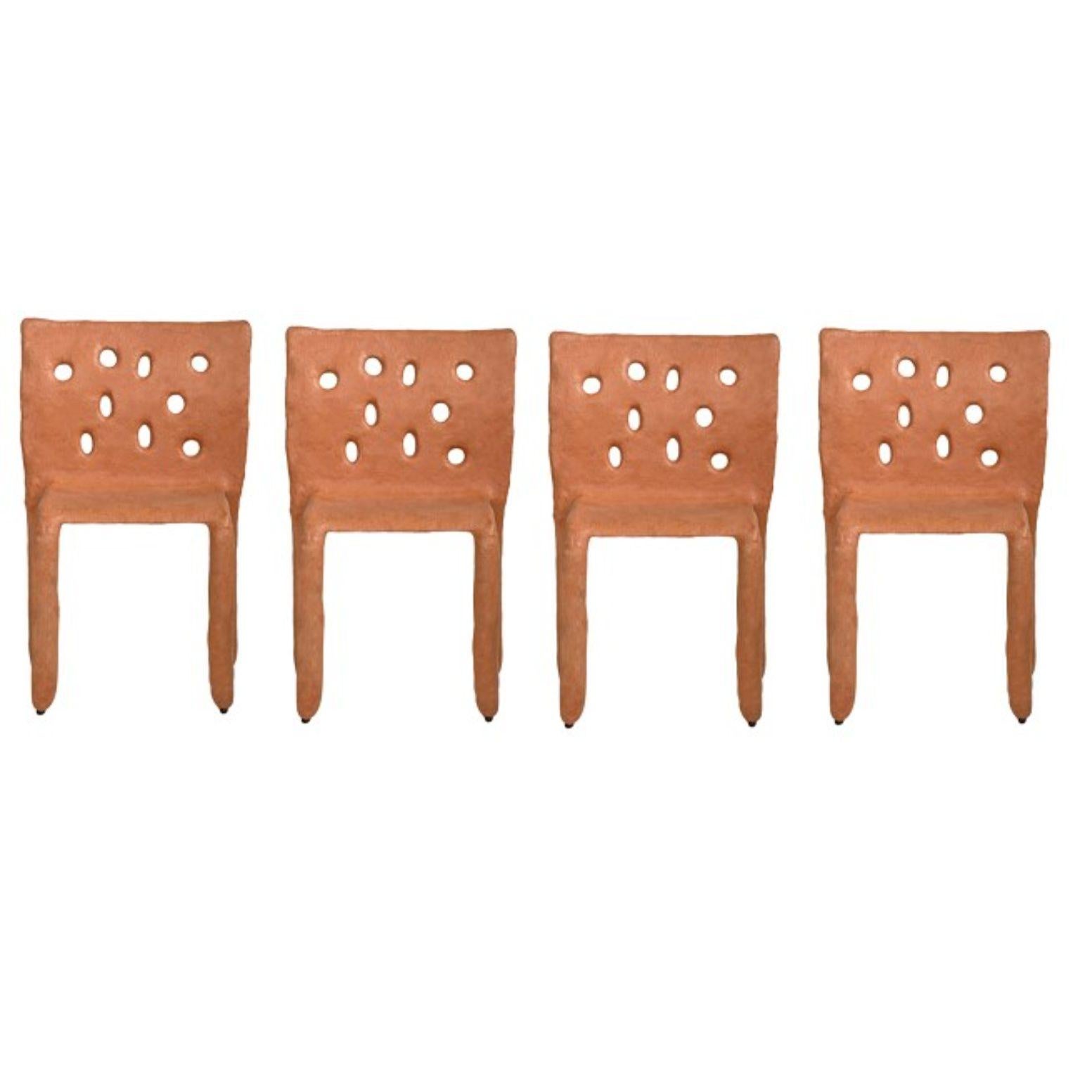 Set of 4 orange sculpted contemporary chairs by Faina
Design: Victoriya Yakusha
Material: steel, flax rubber, biopolymer, cellulose
Dimensions: height 82 x width 54 x legs depth 45 cm
Weight: 15 kilos.

Indoor finish available.

Made in the