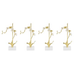 Set of 4 Orchid Sculptures in Brass, White Enamel and Marble, Contemporary Style