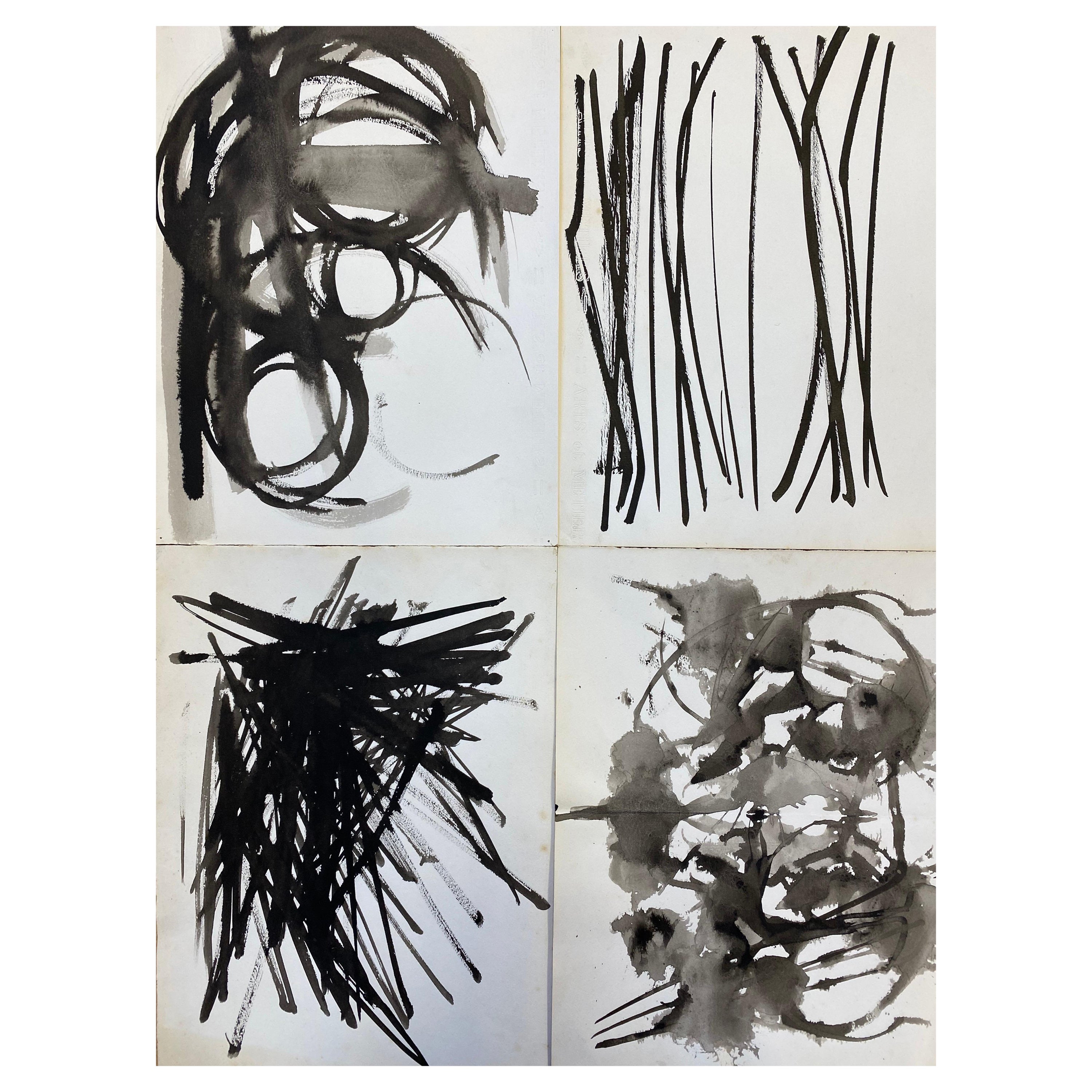 Set of 4, Original 1970's French Abstract Black & White Paintings
