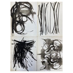 Set of 4, Original 1970's French Abstract Black & White Paintings