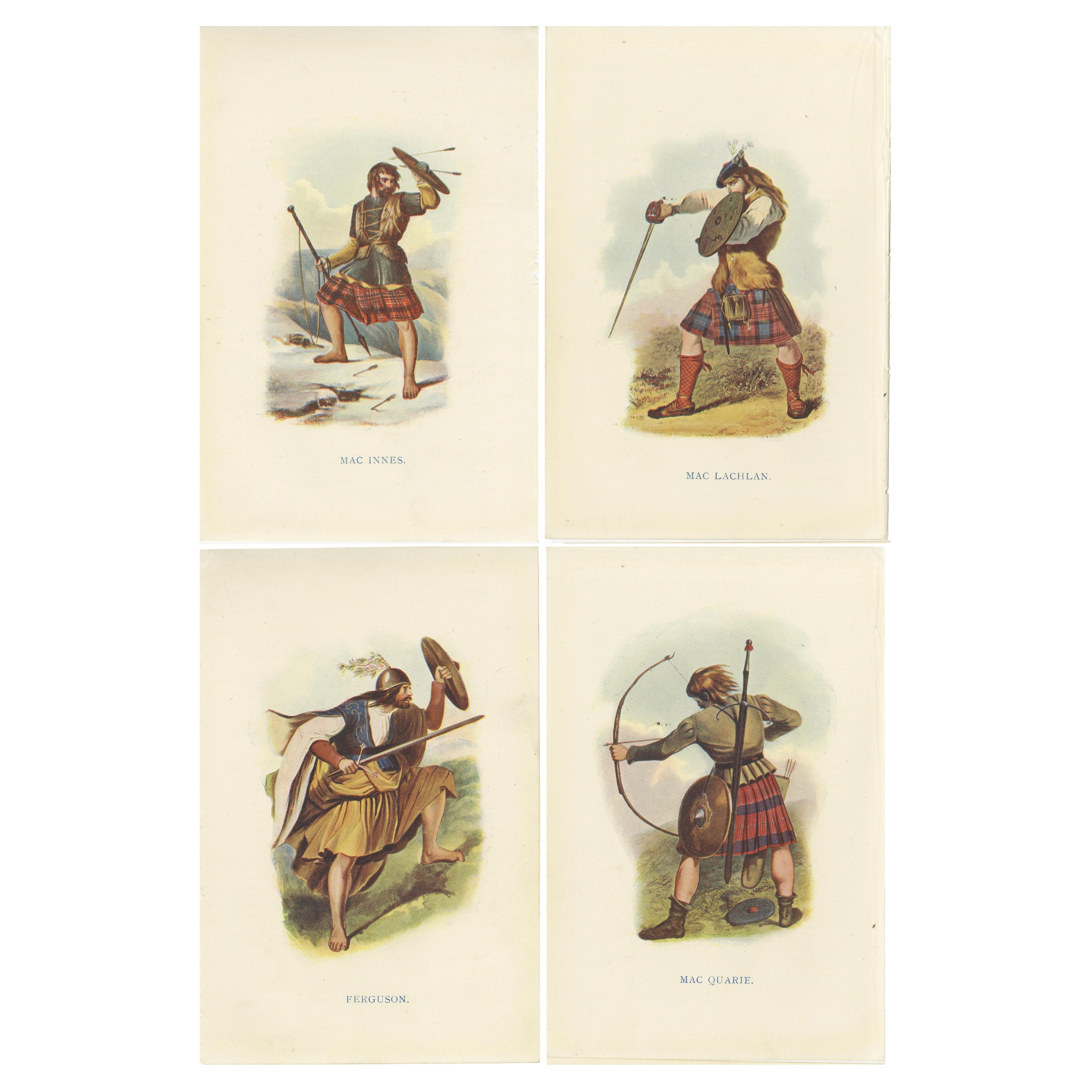 Set of 4 Original Antique Prints of Costumes of the Clans of Scotland For Sale