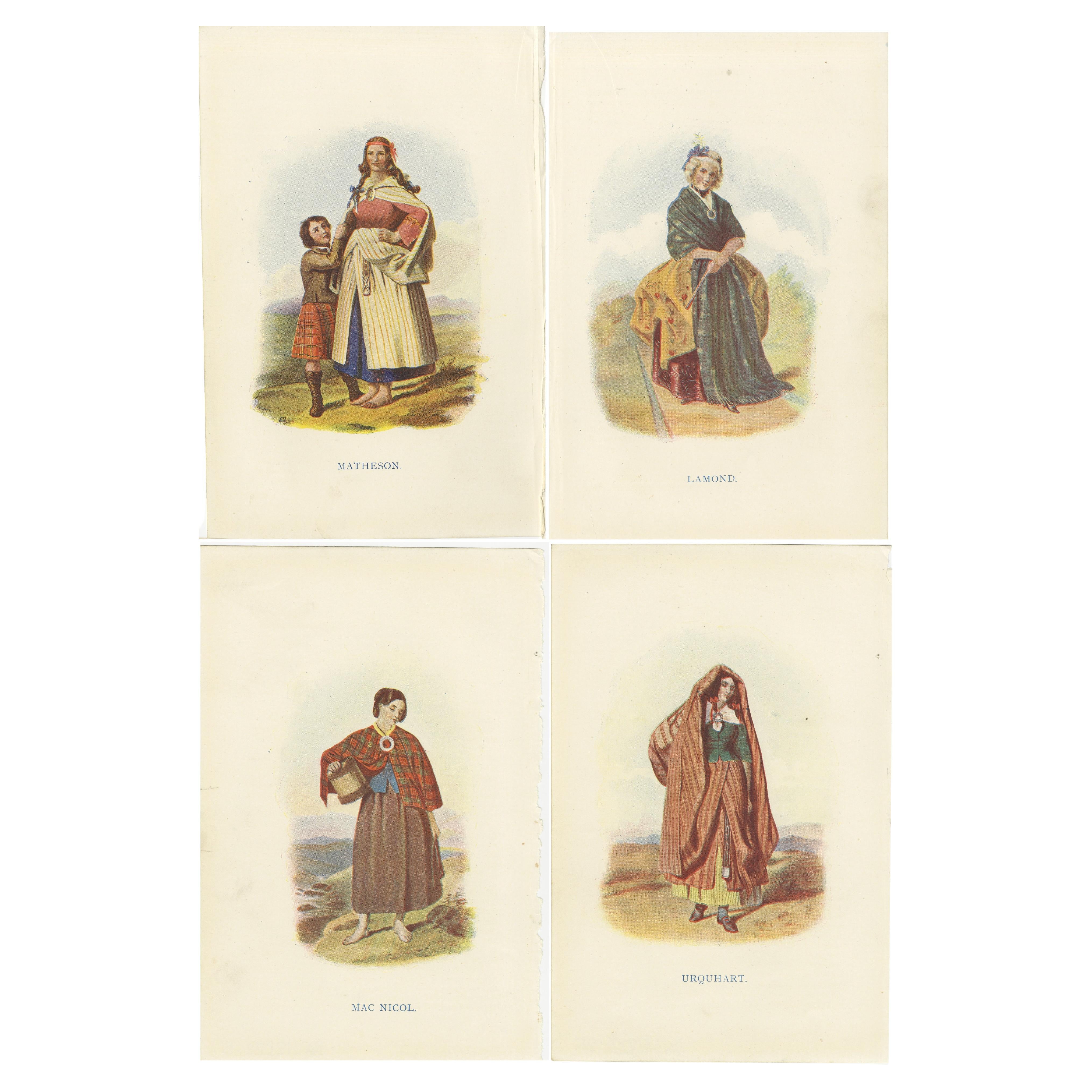 Set of 4 Original Antique Prints of Costumes of the Clans of Scotland 'Women'