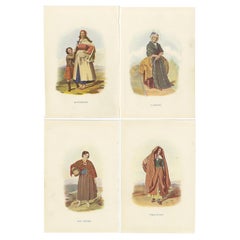 Ensemble de 4 estampes originales anciennes de costumes des clans d'Écosse (feuilles)