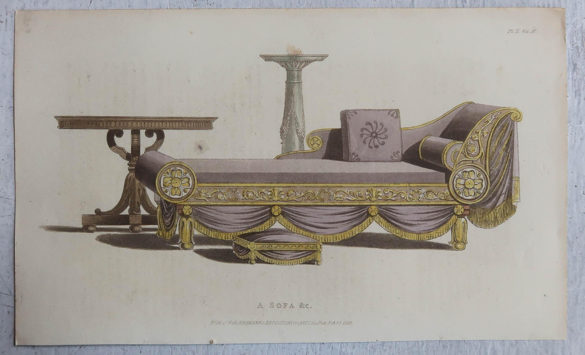 Wonderful prints of Regency furniture

Aquatints with original color.

From Ackermann's Repository. 3 dated 1825. One dated 1810

Unframed.


