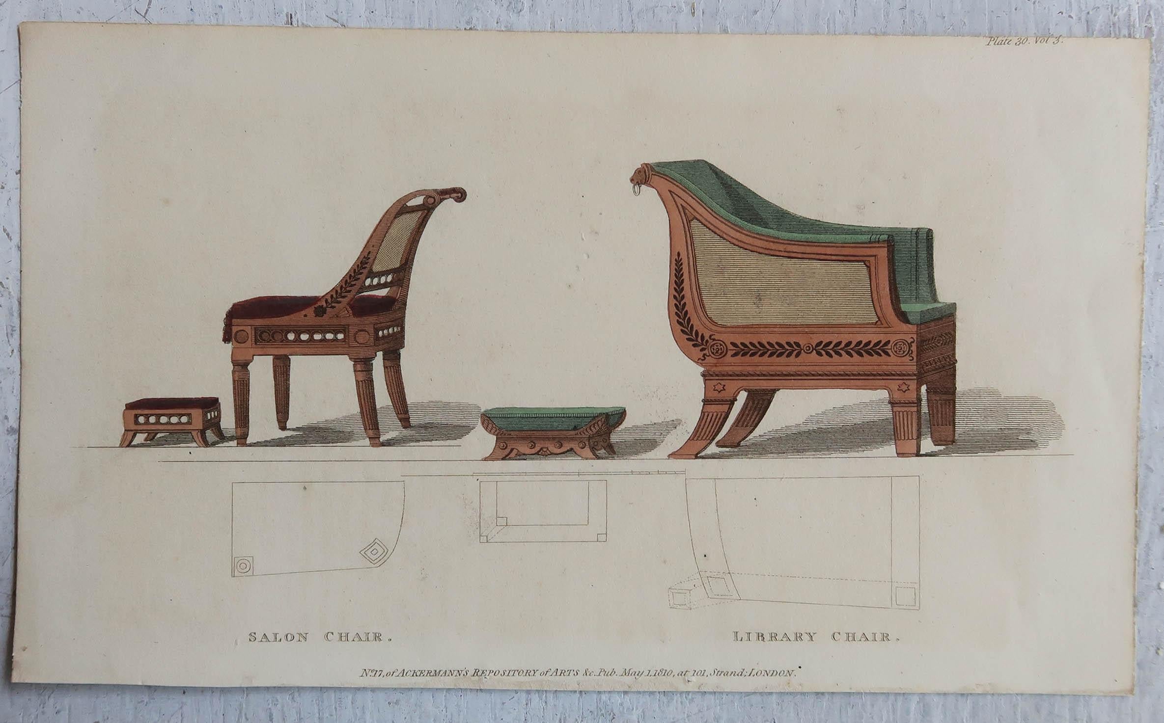 Georgian Set of 4 Original Antique Prints of Regency Furniture, Dated 1825 For Sale