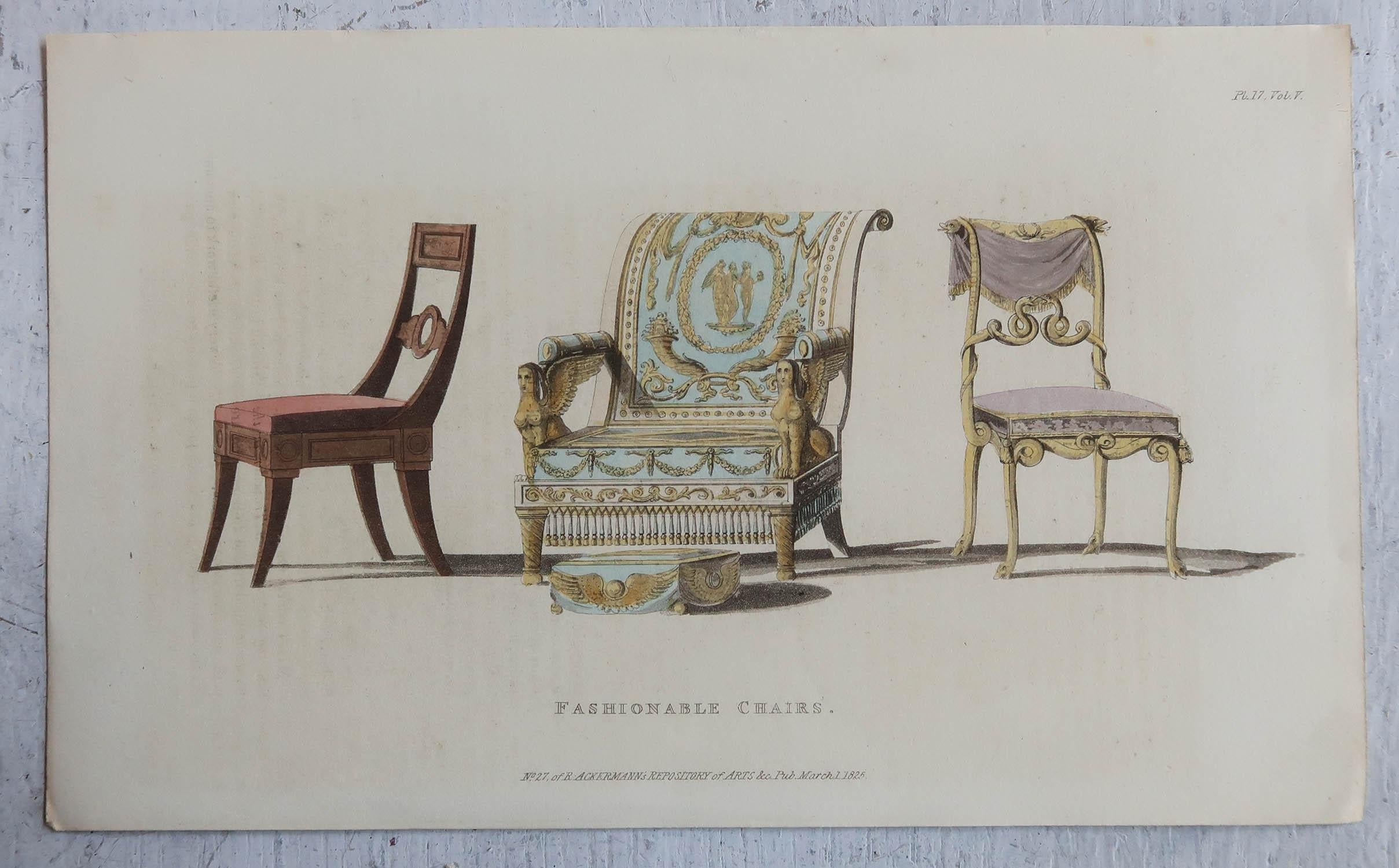 English Set of 4 Original Antique Prints of Regency Furniture, Dated 1825 For Sale
