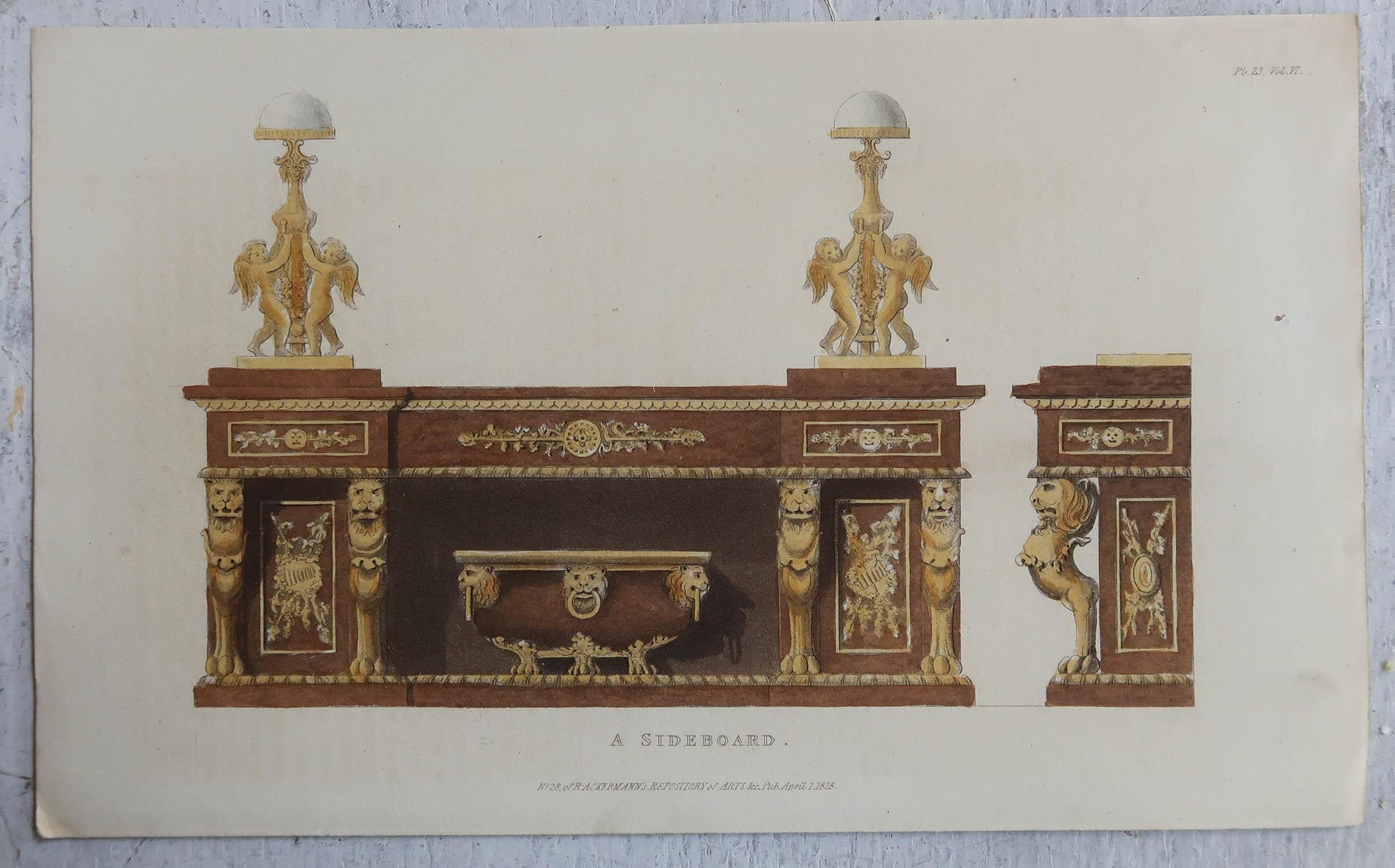 Satz von 4 originalen antiken Drucken von Regency-Möbeln. Datiert 1825 (Sonstiges) im Angebot