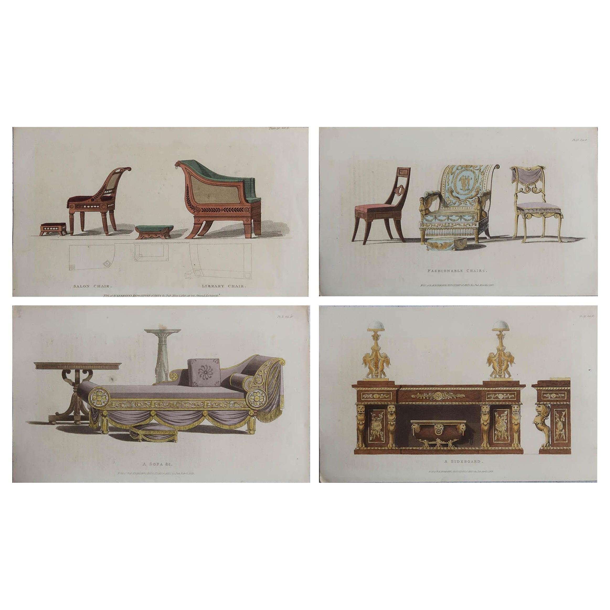 Set di 4 stampe antiche originali di mobili Regency. Datato 1825 in vendita