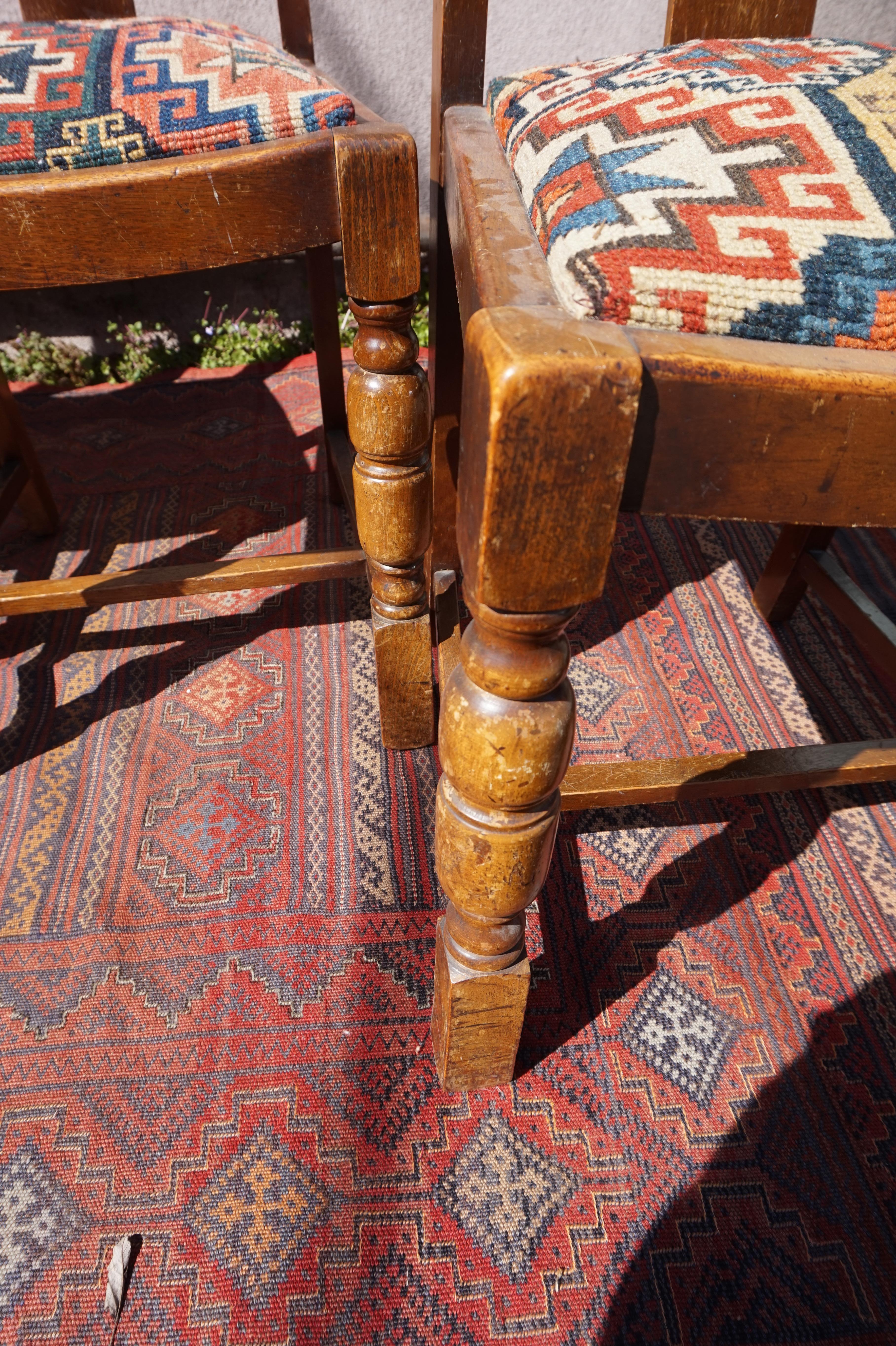 Set of 4 Original Art Deco Chairs & Hand Knotted Antique Caucasus Carpet Seats For Sale 1