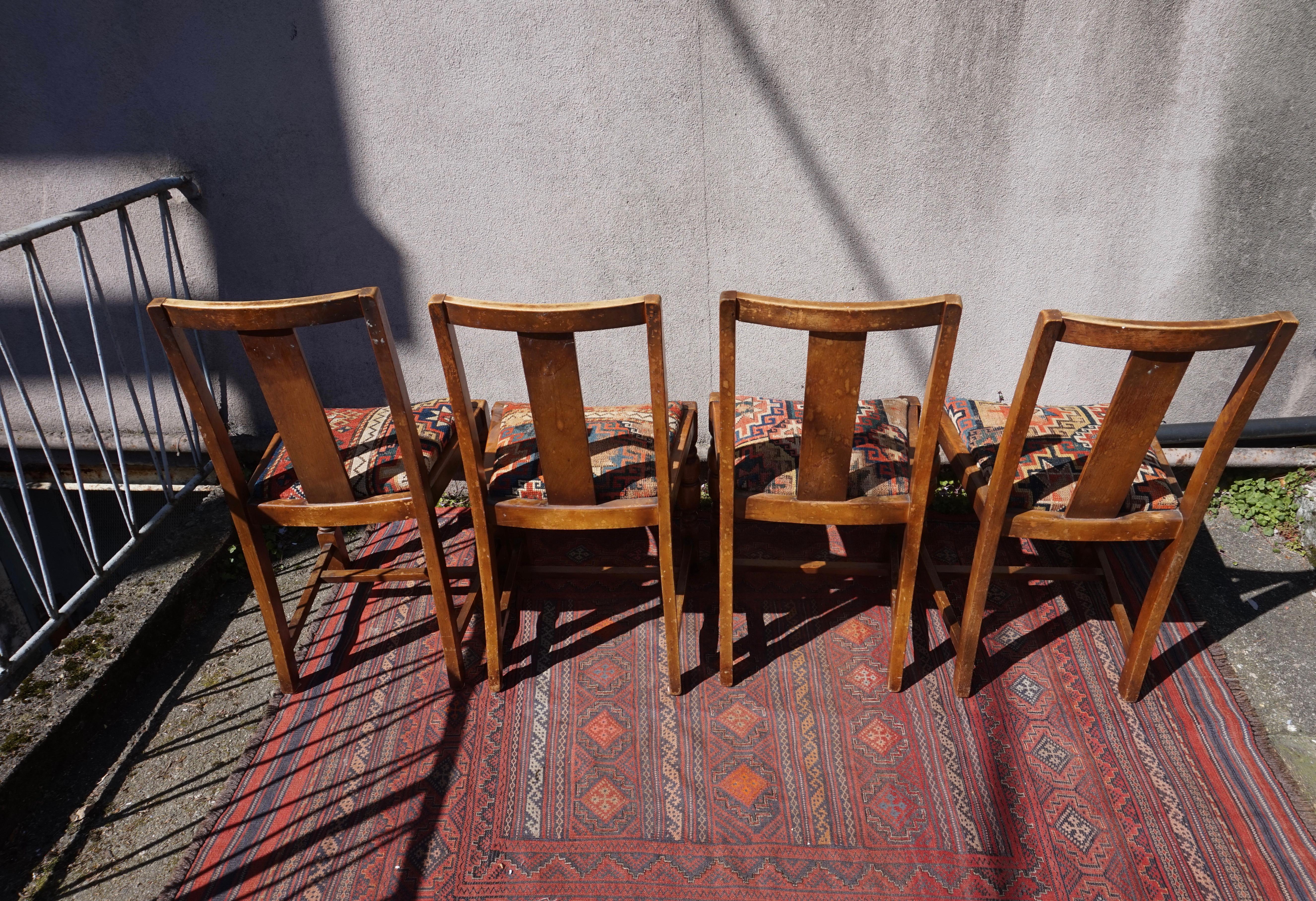 Set of 4 Original Art Deco Chairs & Hand Knotted Antique Caucasus Carpet Seats For Sale 3