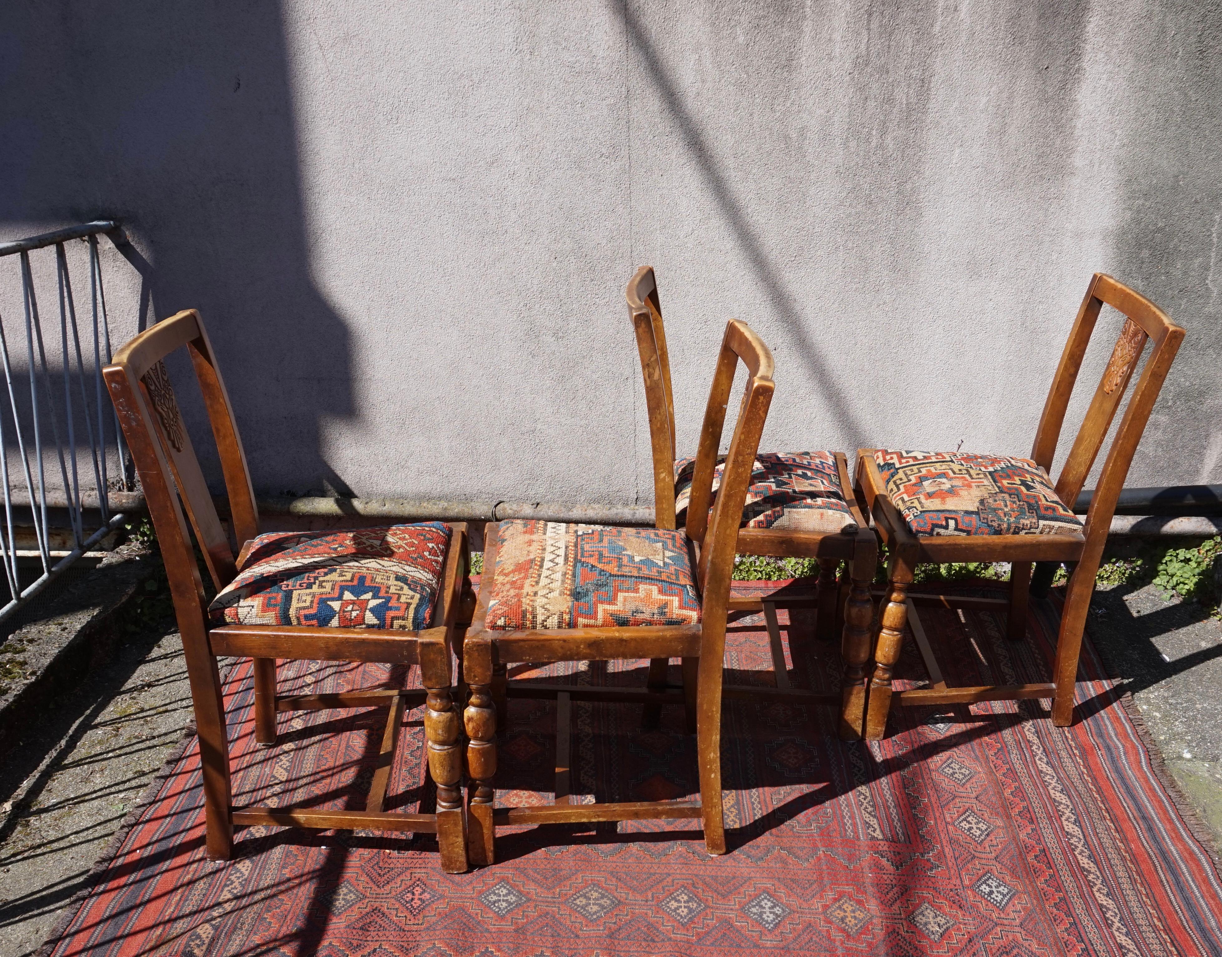 Set of 4 Original Art Deco Chairs & Hand Knotted Antique Caucasus Carpet Seats For Sale 7