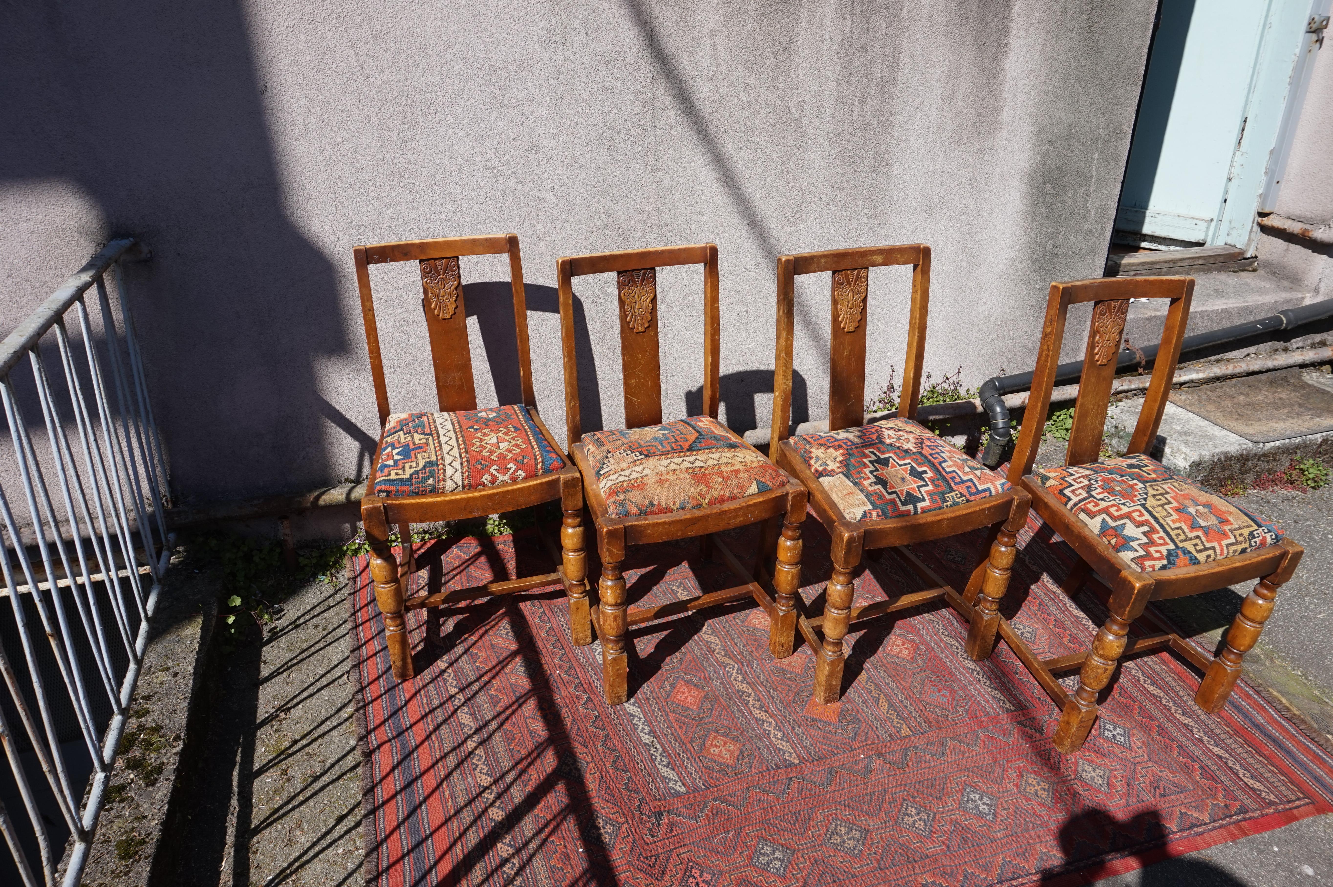 Carved Set of 4 Original Art Deco Chairs & Hand Knotted Antique Caucasus Carpet Seats For Sale