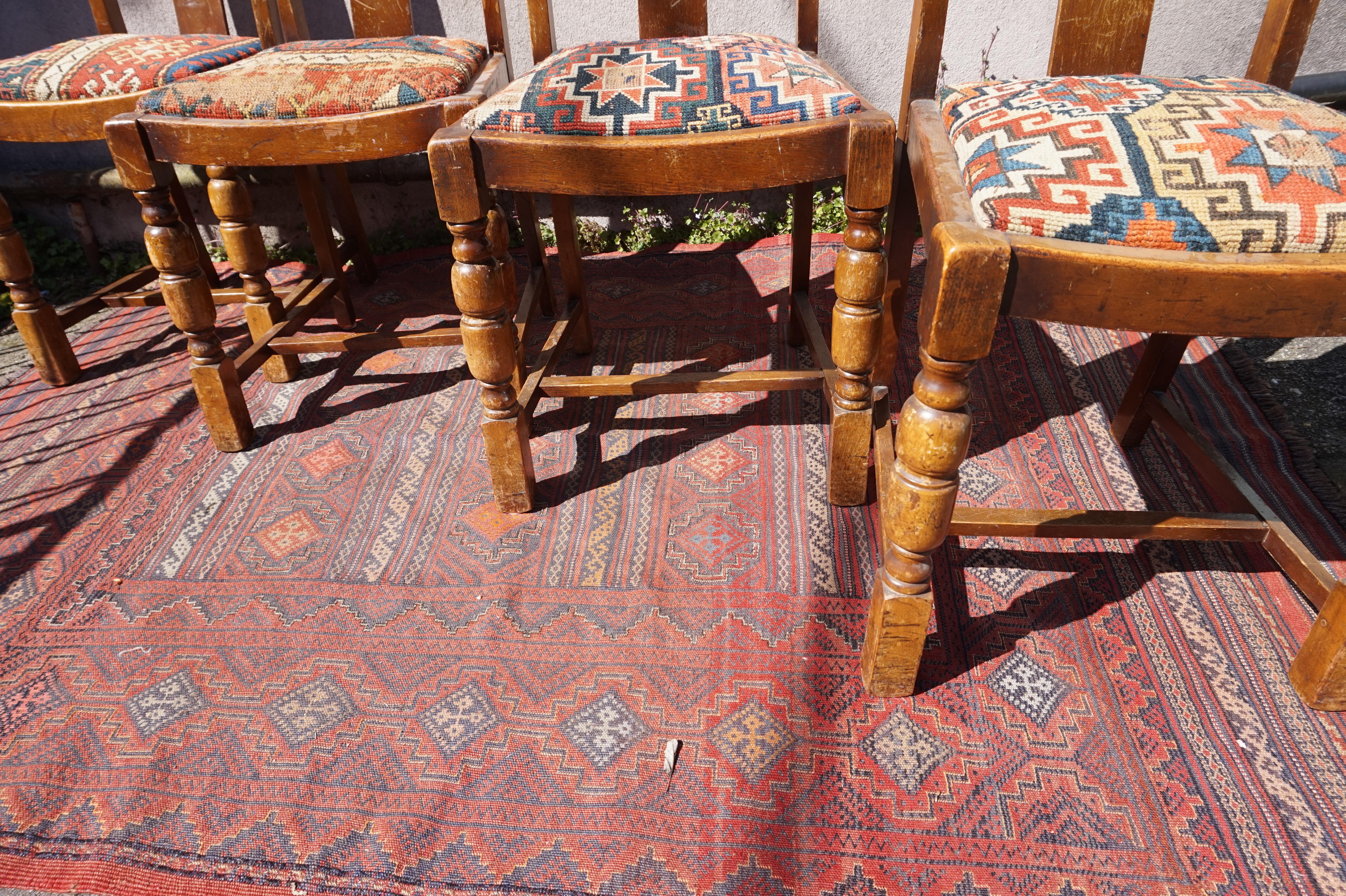 Oak Set of 4 Original Art Deco Chairs & Hand Knotted Antique Caucasus Carpet Seats For Sale