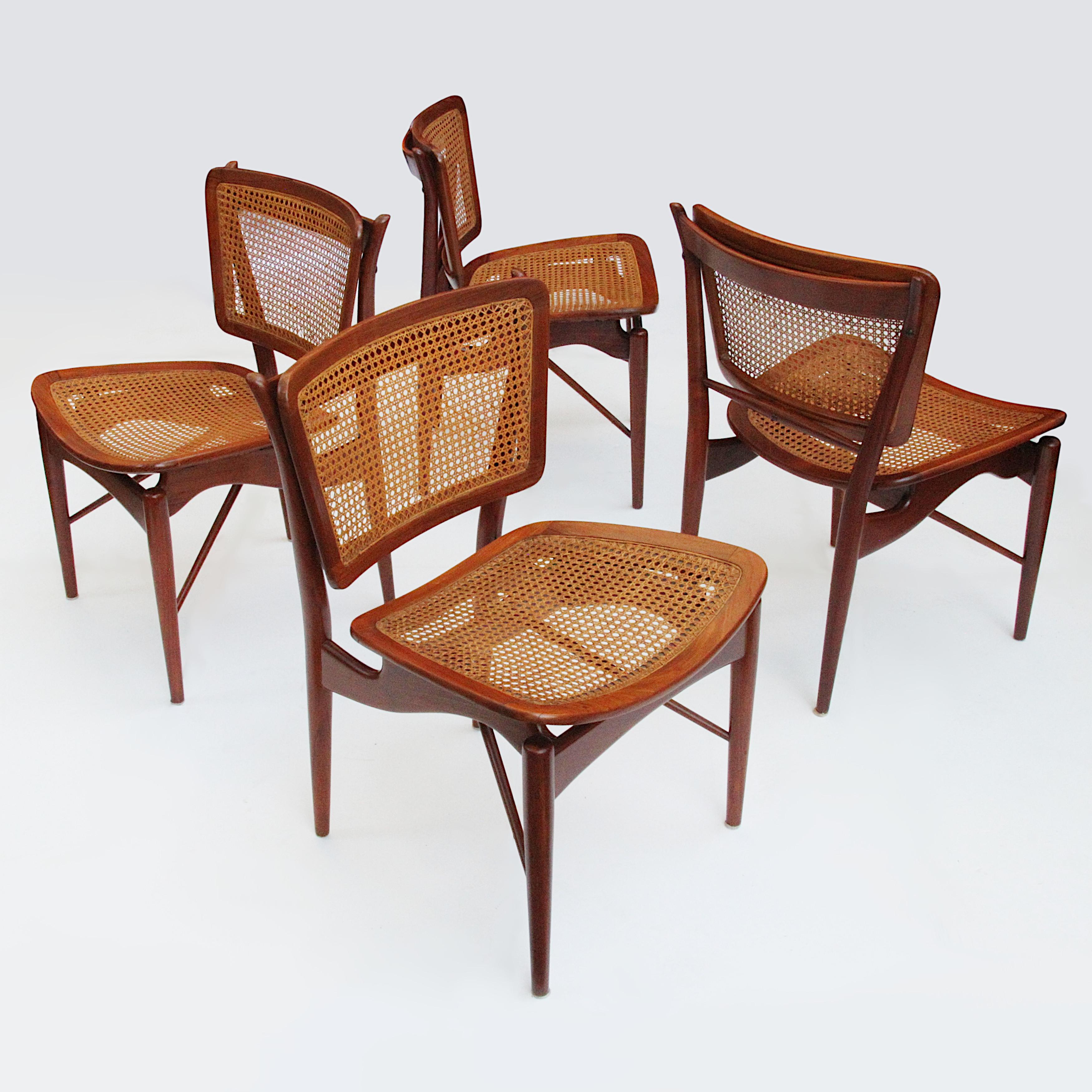 Mid-Century Modern Set of 4 Original Finn Juhl Model NV 51/403 Teak & Cane Dining Chairs by Baker