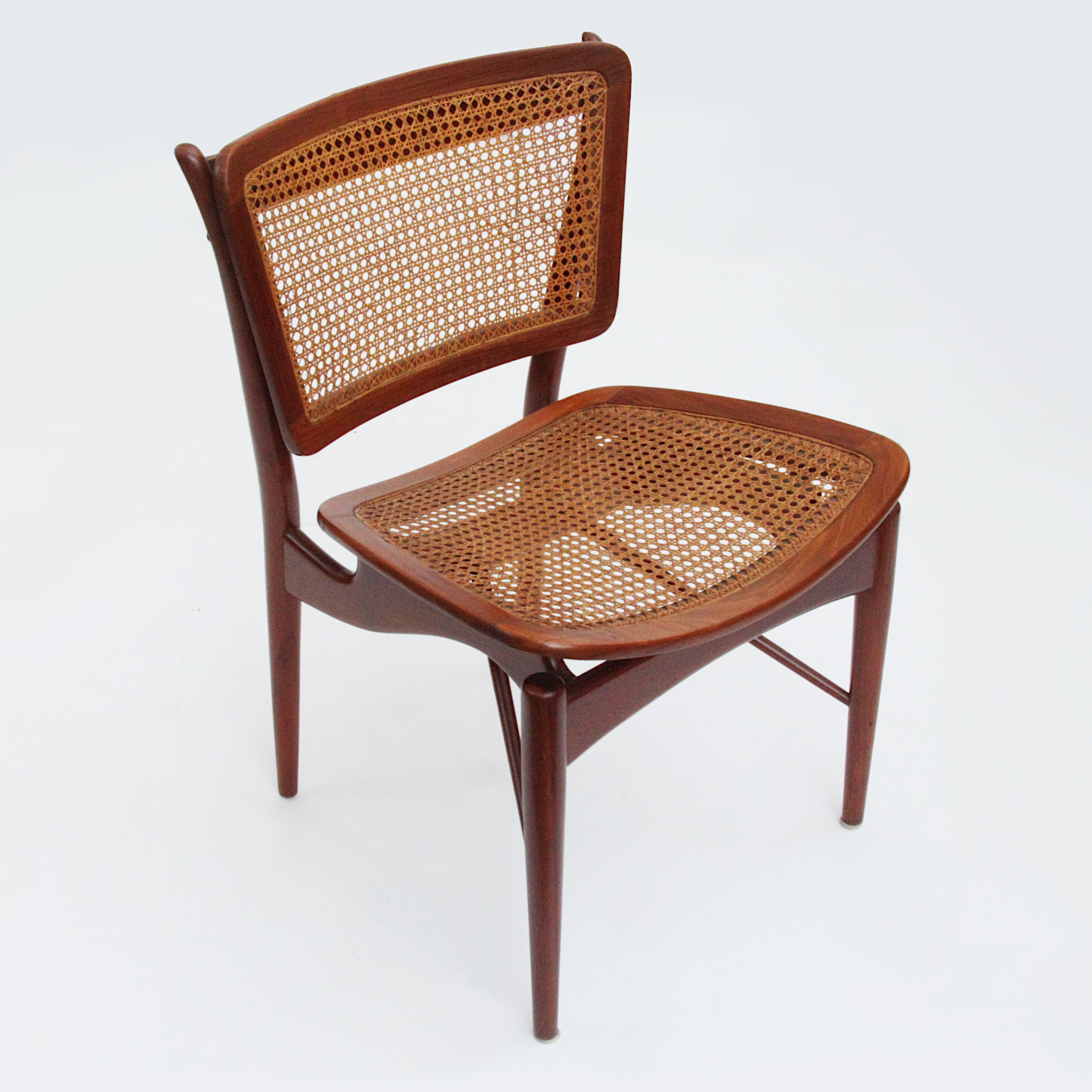 American Set of 4 Original Finn Juhl Model NV 51/403 Teak & Cane Dining Chairs by Baker