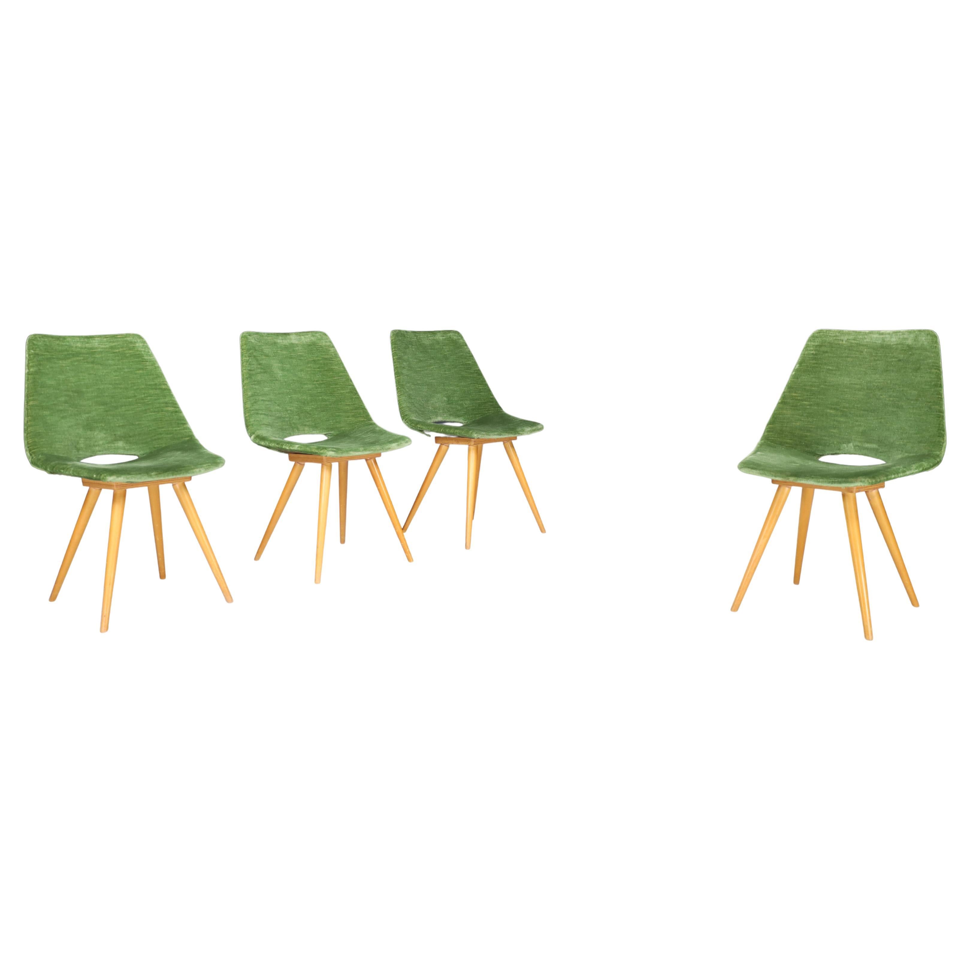 Set of 4 Original Thonet Dining Chairs in Green Velvet, 1950s