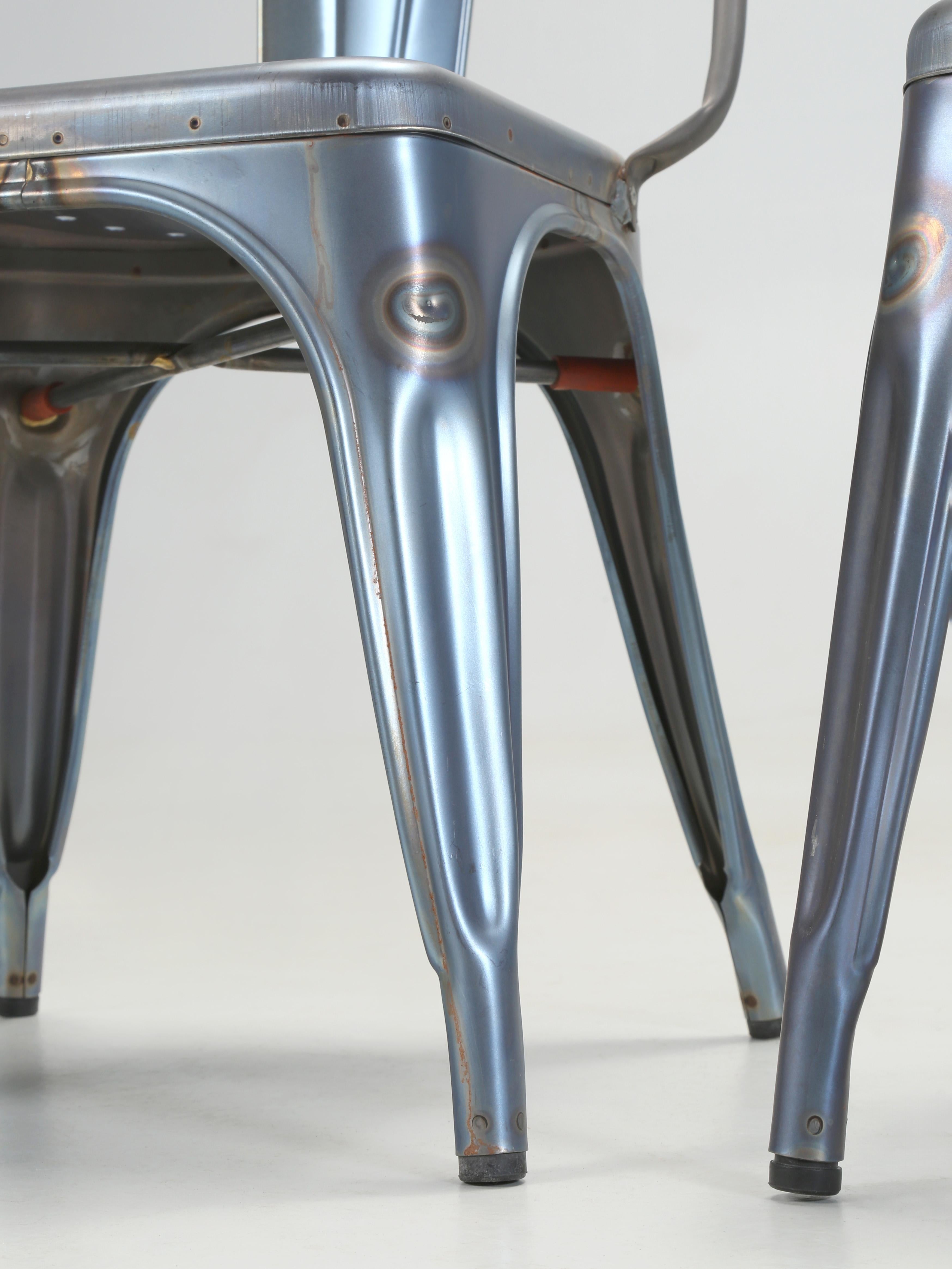 Set of 4 Original Tolix Raw Blue Grey Welded AC Wide Style Chairs More Available For Sale 2