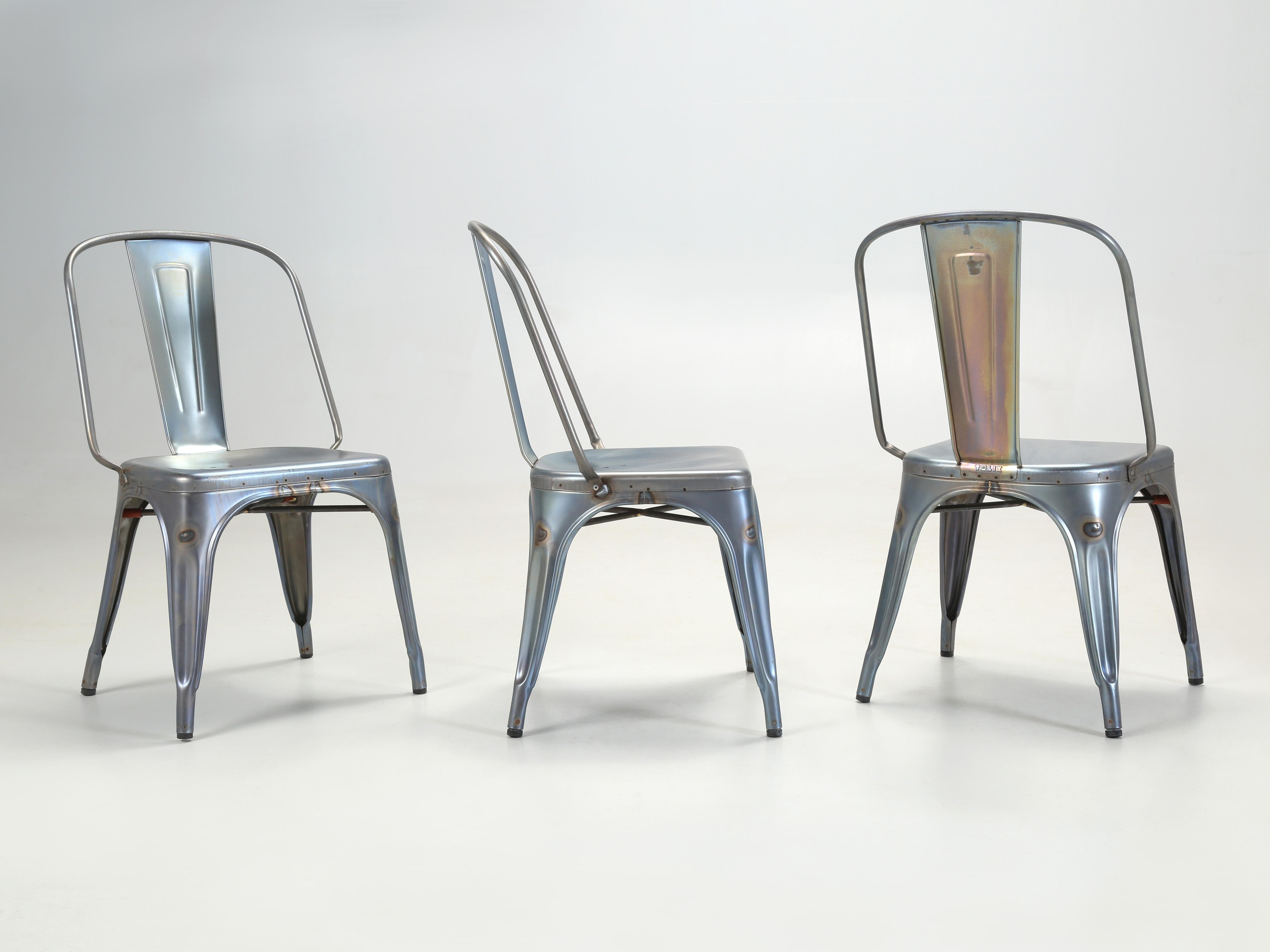 Industrial Set of 4 Original Tolix Raw Blue Grey Welded AC Wide Style Chairs More Available For Sale